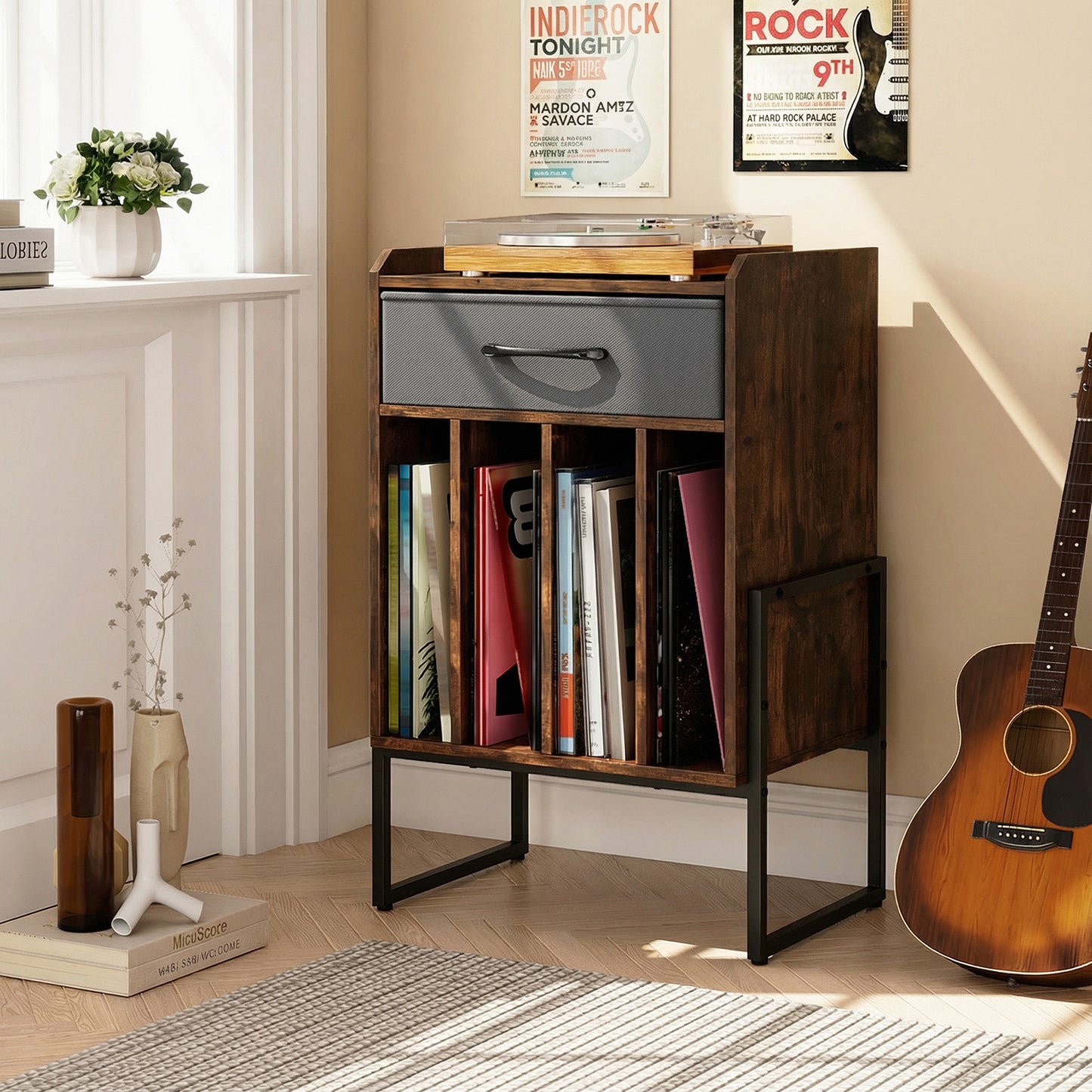 Record Player Stand with Drawer and Record Holder, Rustic Brown End & Side Tables at Gallery Canada