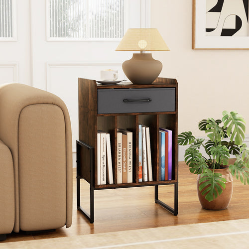 Record Player Stand with Drawer and Record Holder, Rustic Brown