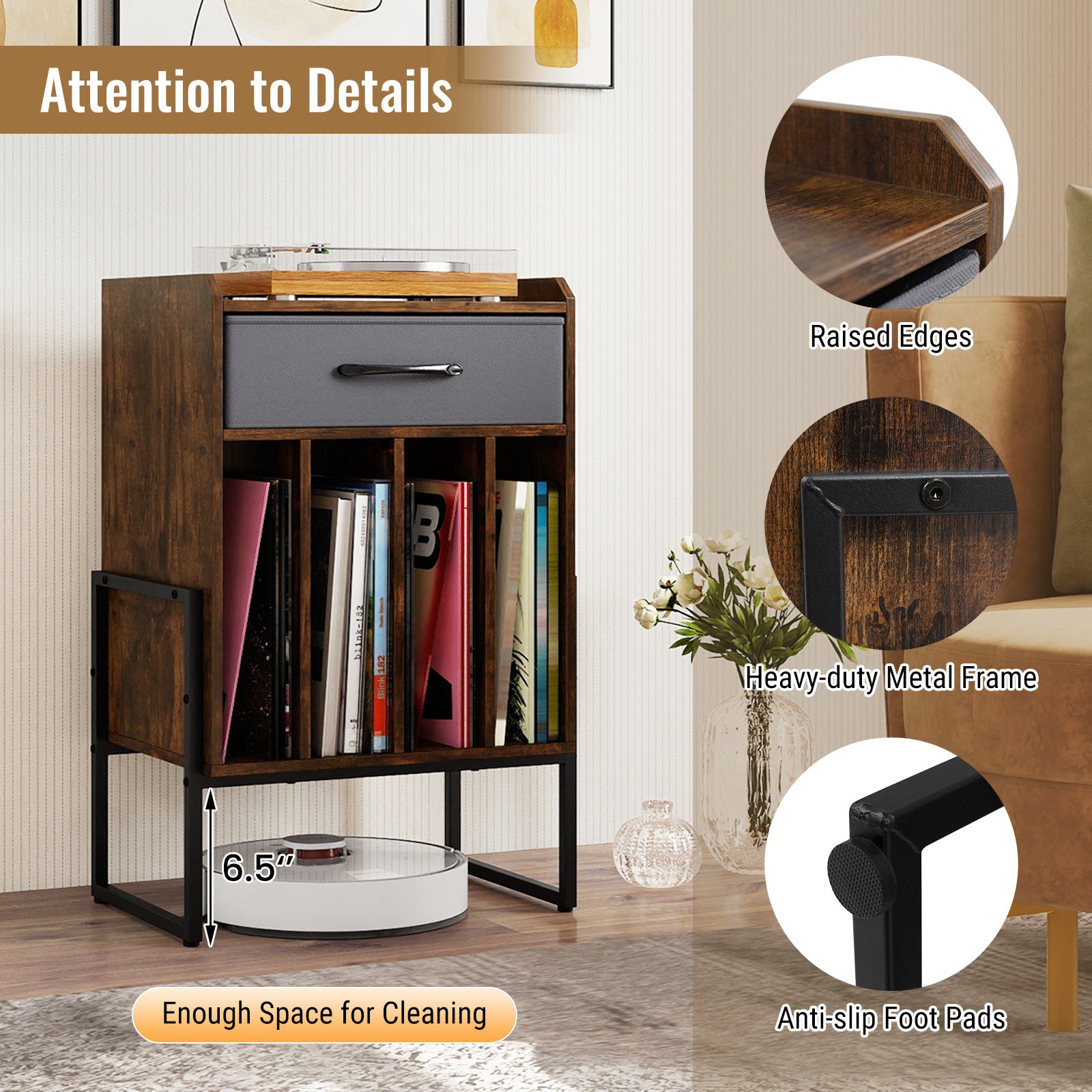 Record Player Stand with Drawer and Record Holder, Rustic Brown End & Side Tables at Gallery Canada