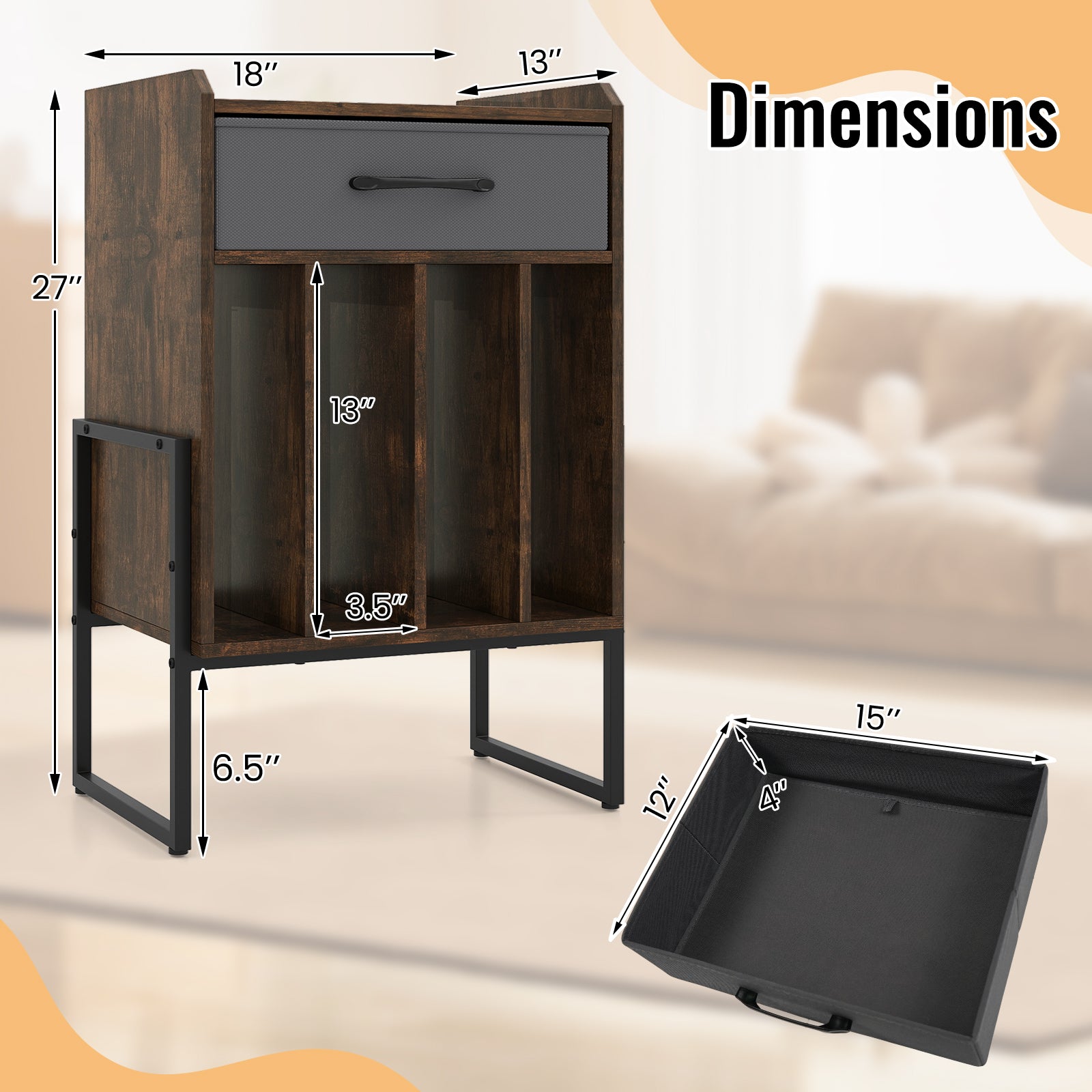 Record Player Stand with Drawer and Record Holder, Rustic Brown End & Side Tables at Gallery Canada