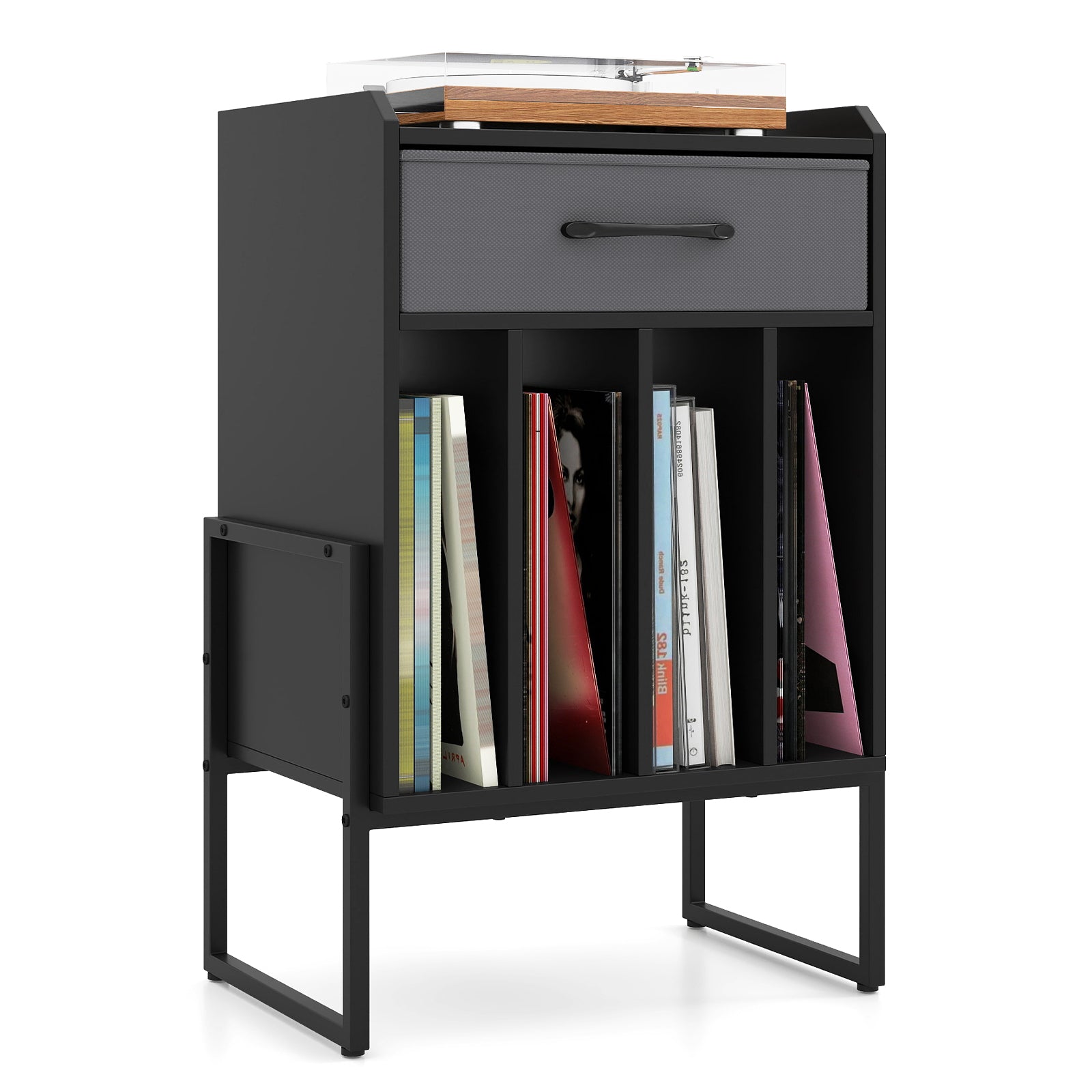 Record Player Stand with Drawer and Record Holder, Black End & Side Tables Black at Gallery Canada