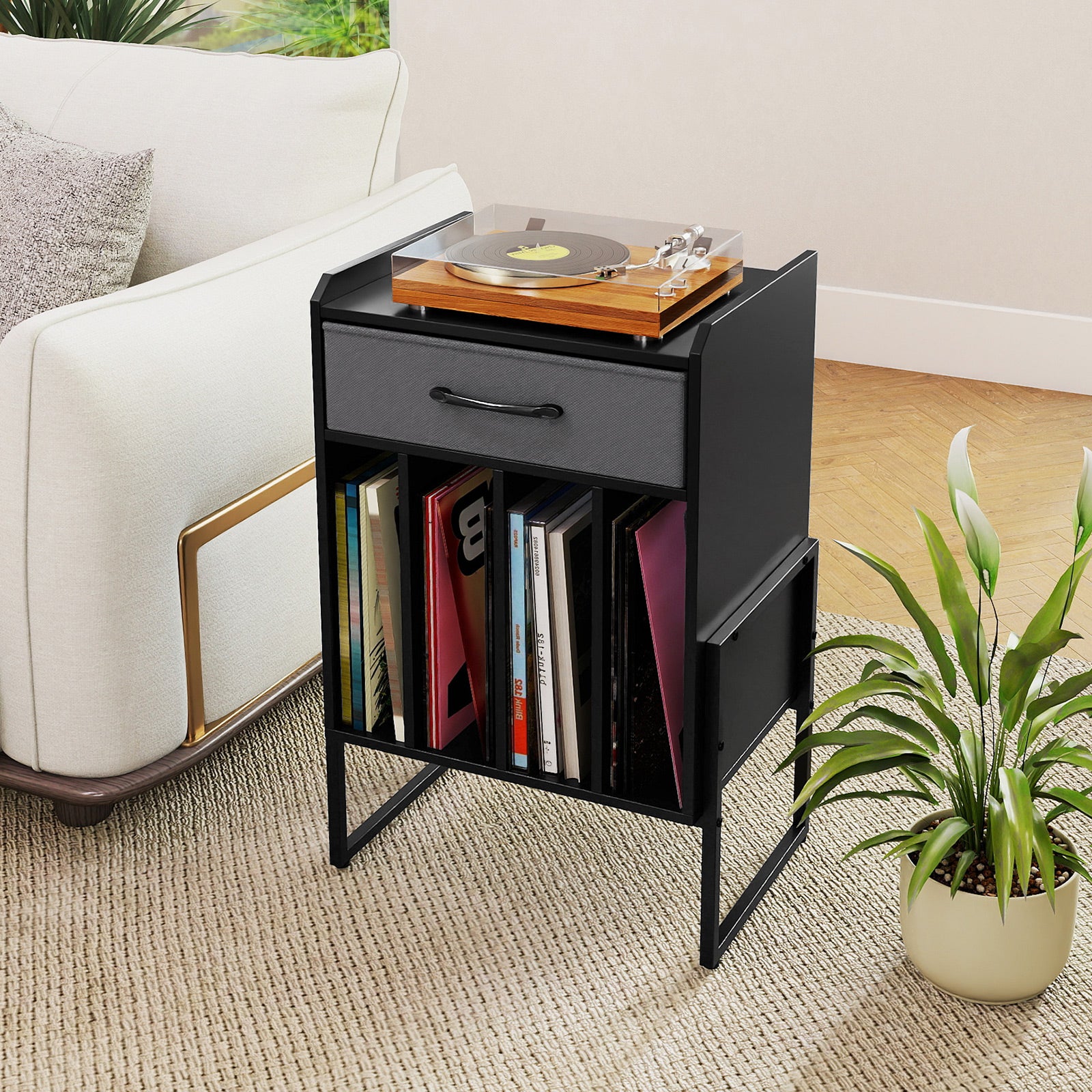 Record Player Stand with Drawer and Record Holder, Black End & Side Tables at Gallery Canada