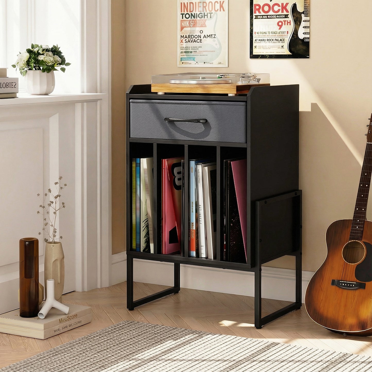 Record Player Stand with Drawer and Record Holder, Black End & Side Tables at Gallery Canada
