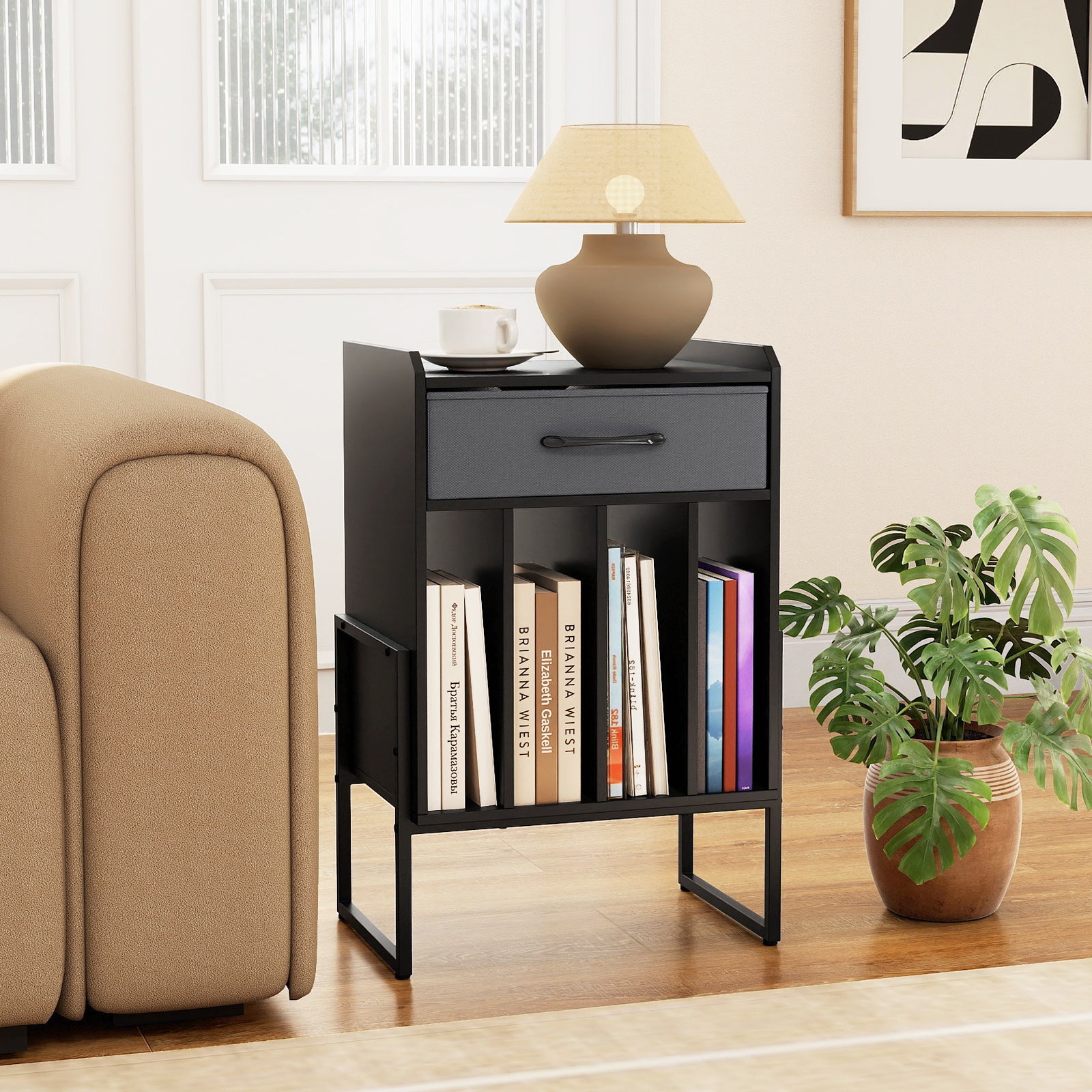 Record Player Stand with Drawer and Record Holder, Black End & Side Tables at Gallery Canada