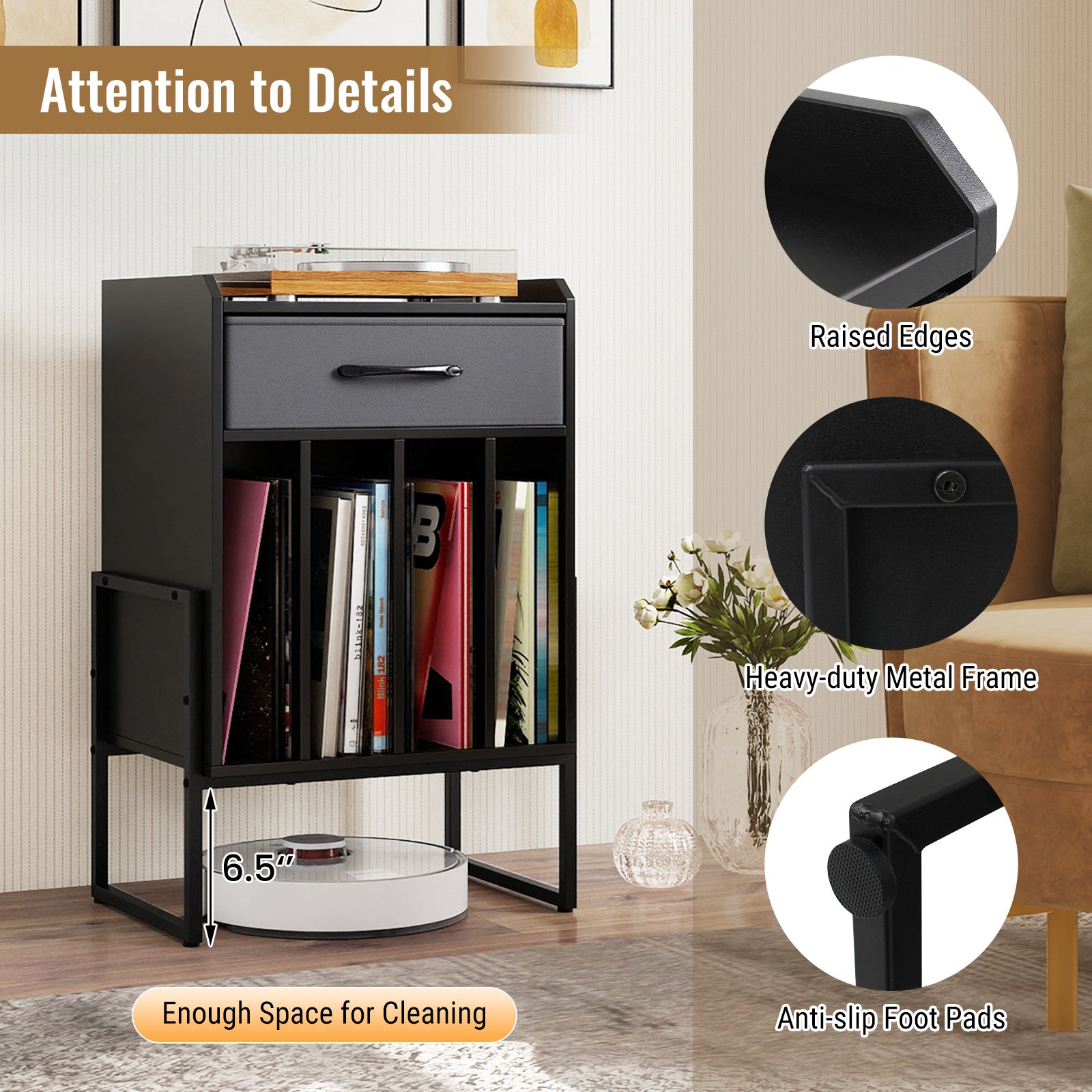 Record Player Stand with Drawer and Record Holder, Black End & Side Tables at Gallery Canada