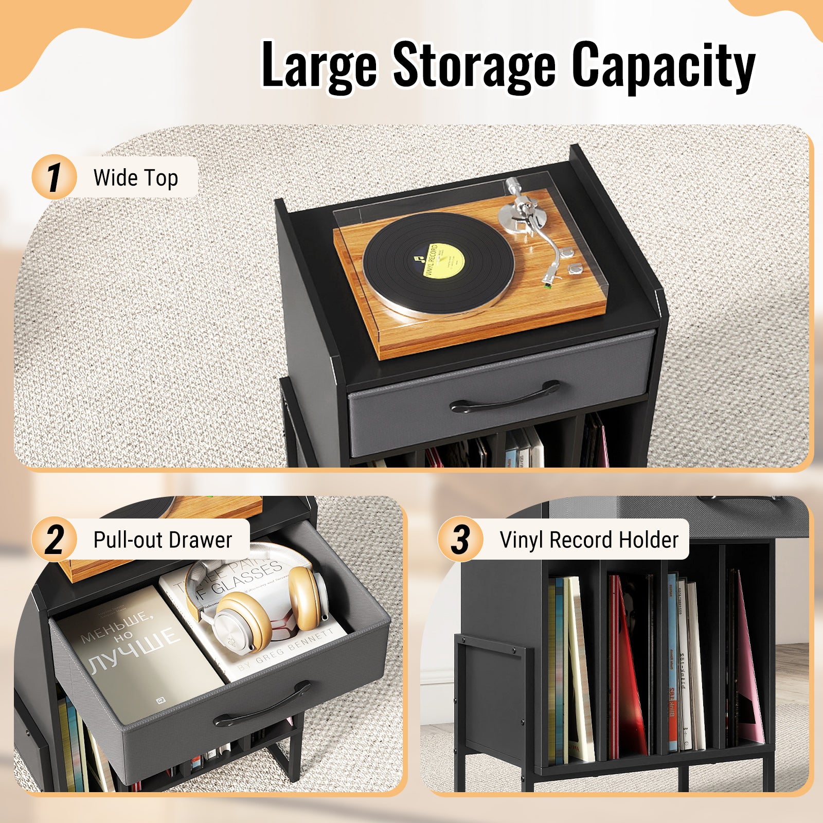Record Player Stand with Drawer and Record Holder, Black End & Side Tables at Gallery Canada