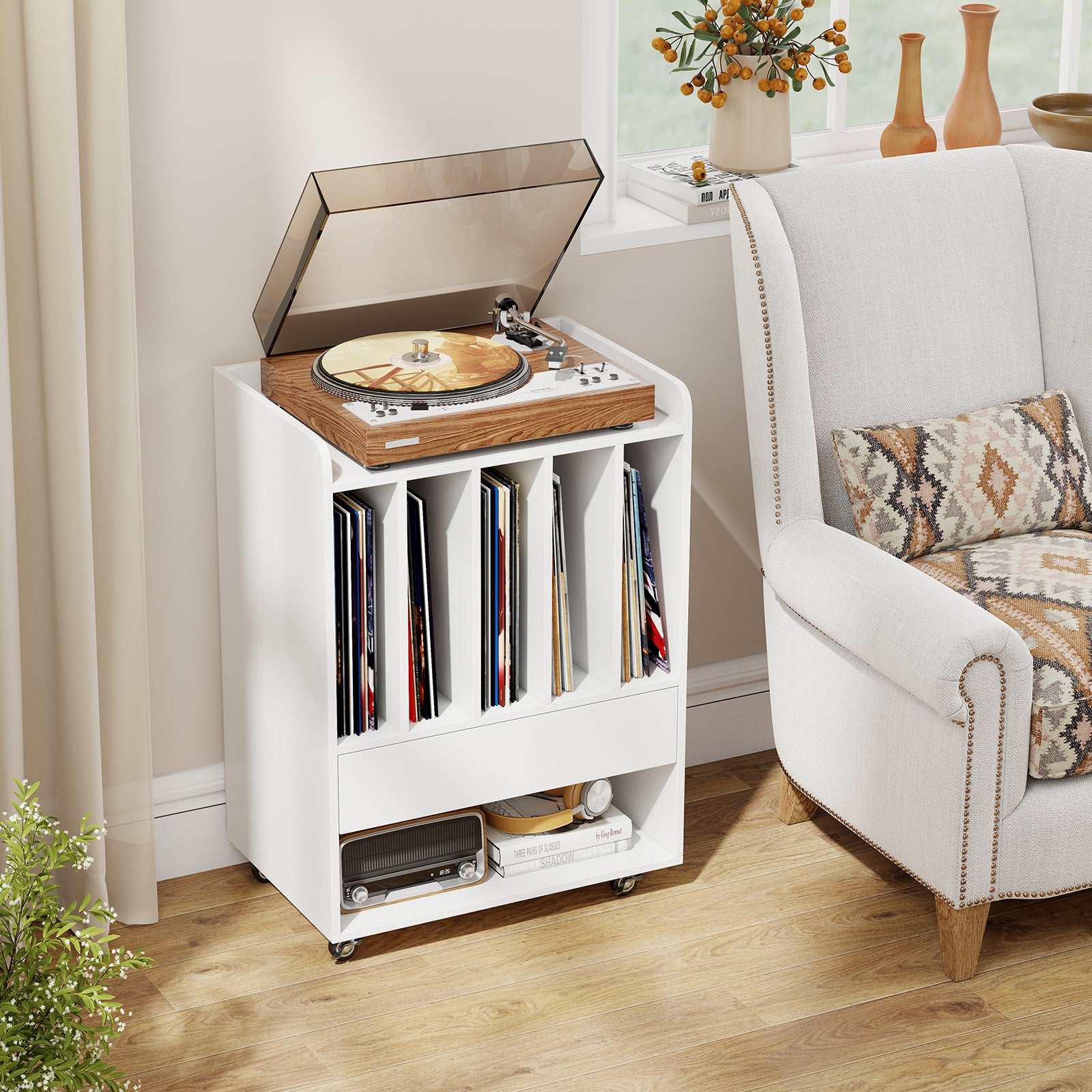 Record Player Stand Turntable Stand with Drawer and Record Holder, White Cabinets & Chests at Gallery Canada