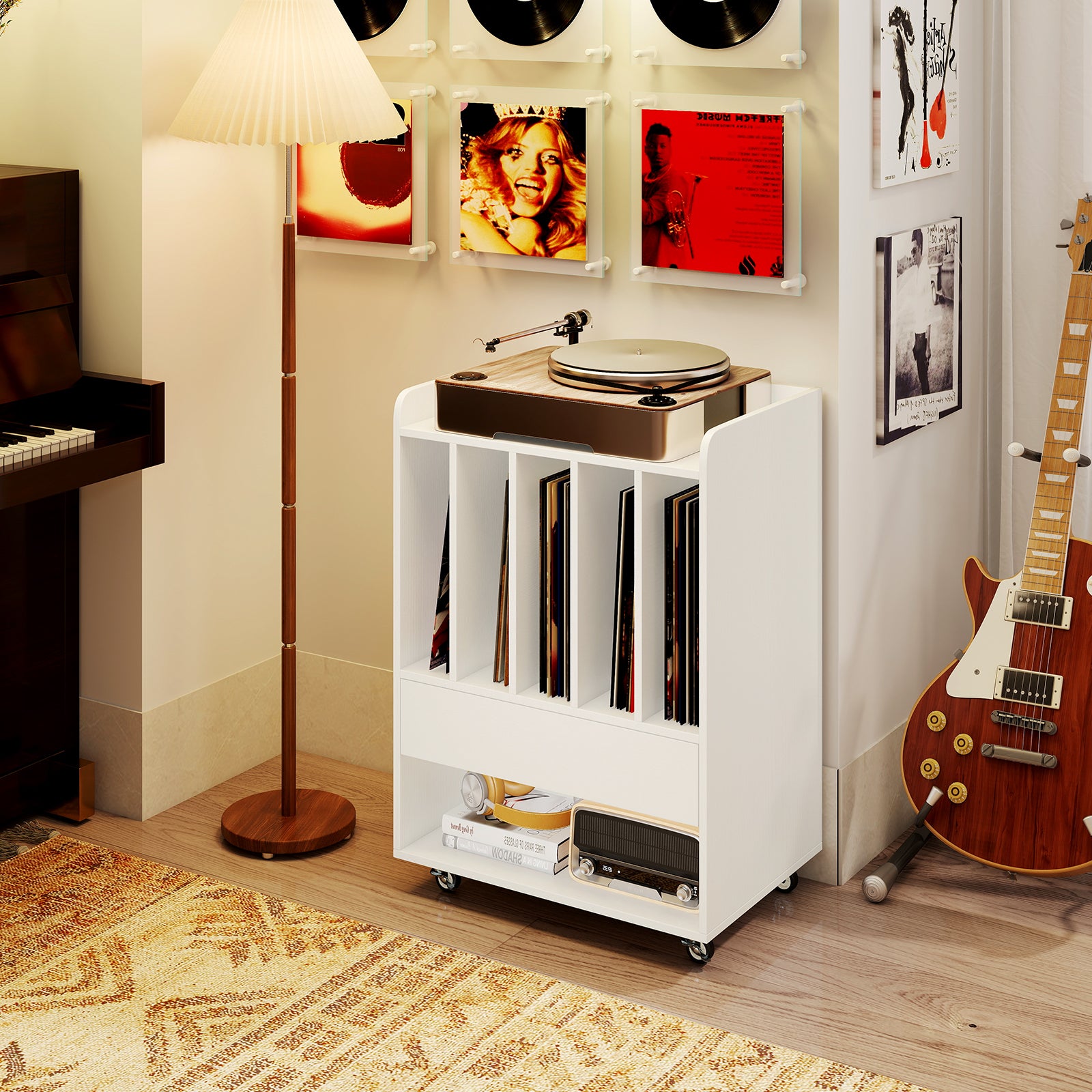 Record Player Stand Turntable Stand with Drawer and Record Holder, White Cabinets & Chests at Gallery Canada