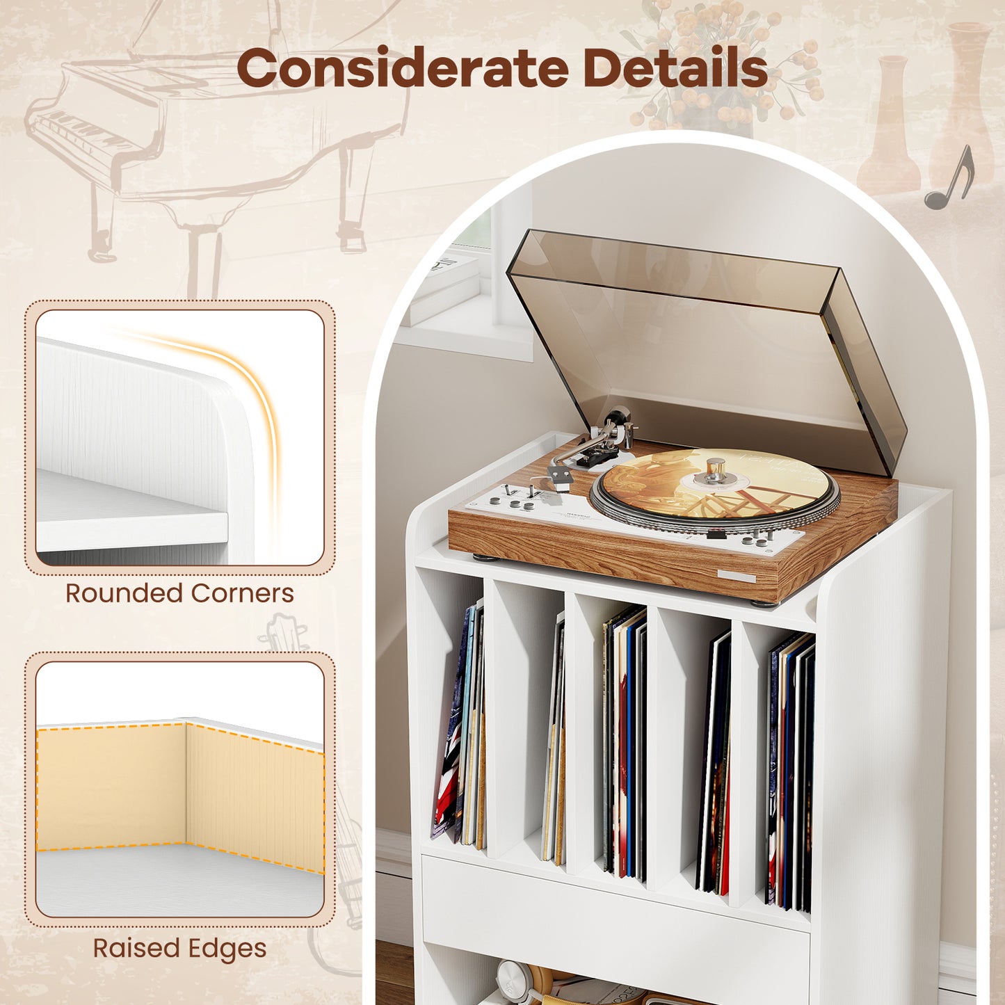 Record Player Stand Turntable Stand with Drawer and Record Holder, White Cabinets & Chests at Gallery Canada