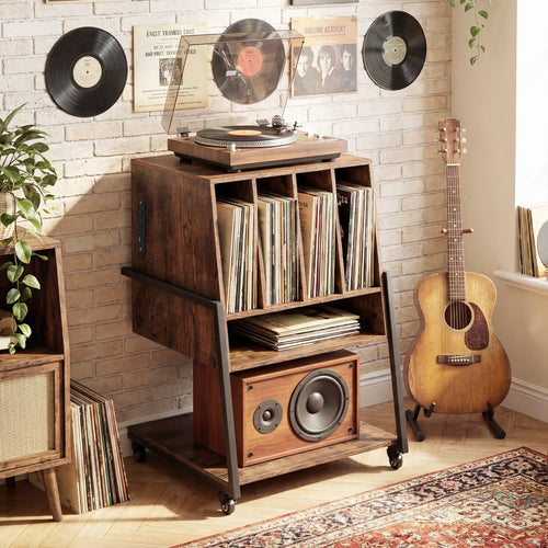 Rolling Turntable Stand With Power Outlets, Rustic Brown