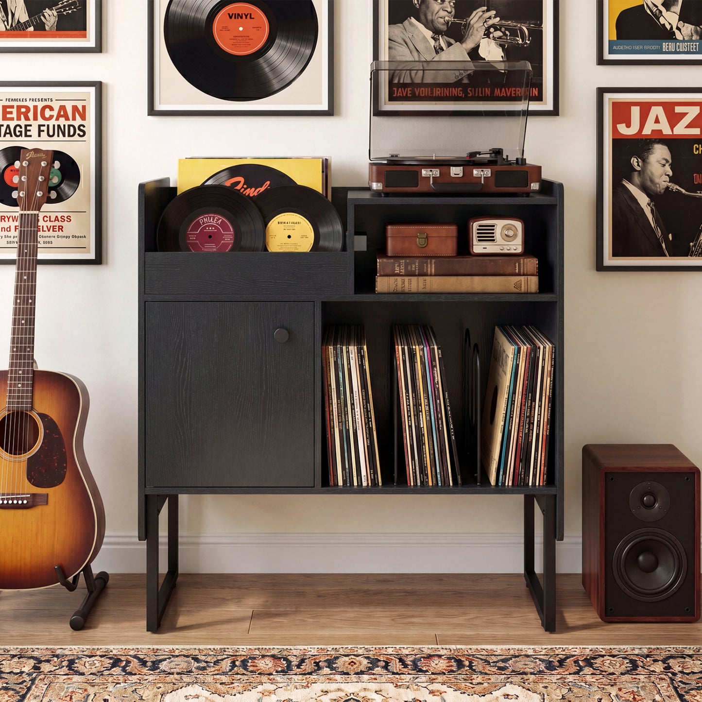 Record Player Stand With Power Outlets, Black End & Side Tables at Gallery Canada
