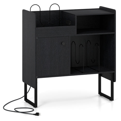 Record Player Stand With Power Outlets, Black