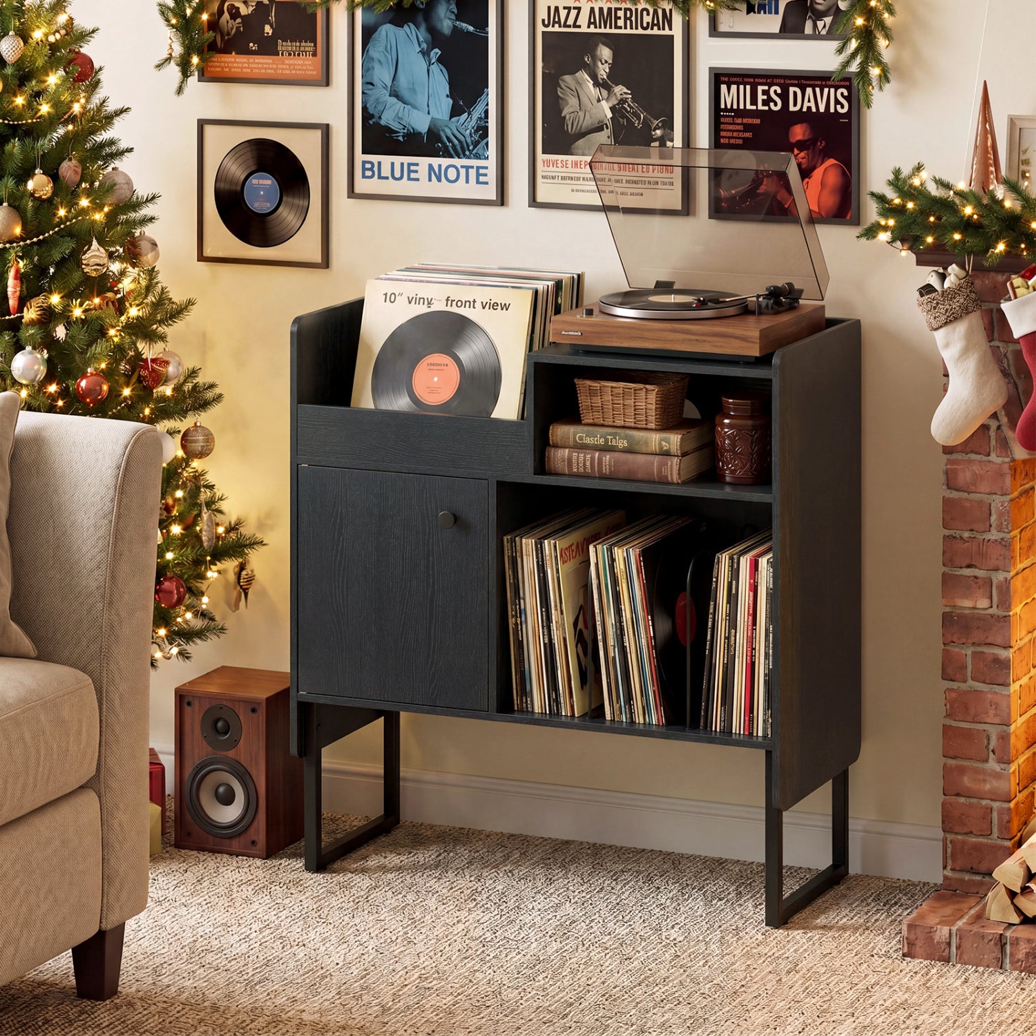 Record Player Stand With Power Outlets, Black End & Side Tables at Gallery Canada