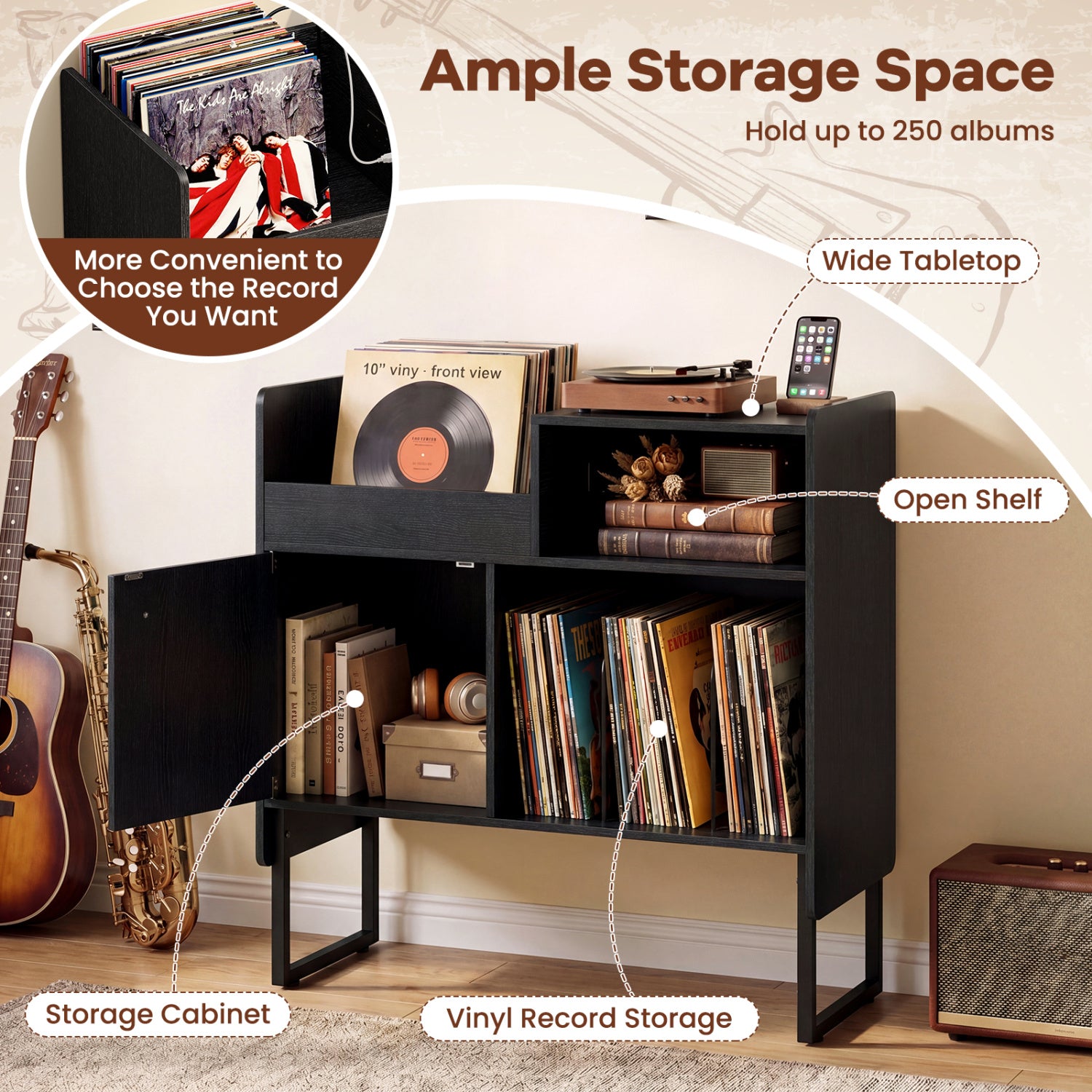 Record Player Stand With Power Outlets, Black End & Side Tables at Gallery Canada