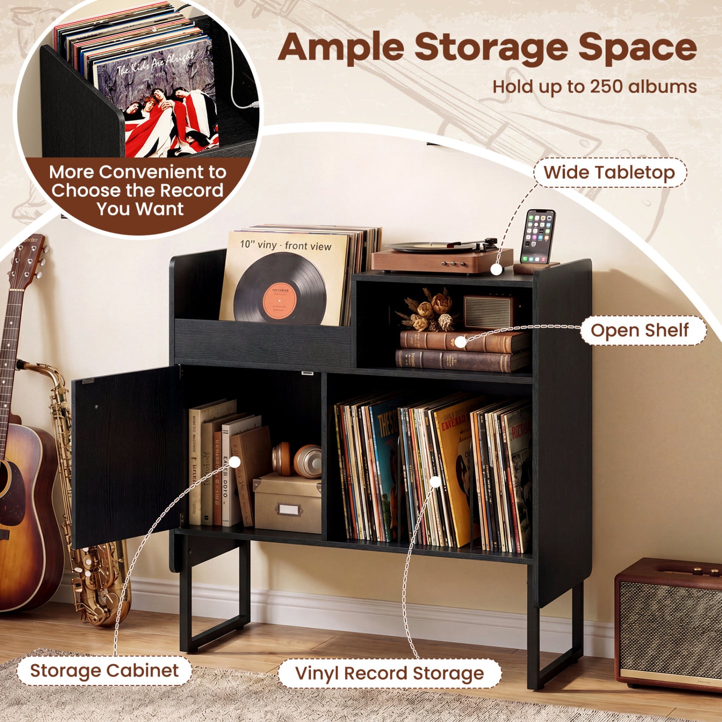 Record Player Stand With Power Outlets, Black End & Side Tables at Gallery Canada
