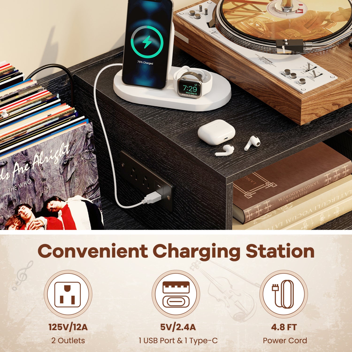 Record Player Stand With Power Outlets, Black End & Side Tables at Gallery Canada