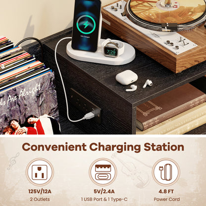 Record Player Stand With Power Outlets, Black End & Side Tables at Gallery Canada