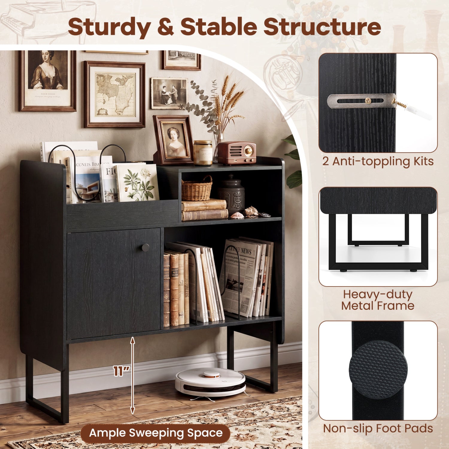 Record Player Stand With Power Outlets, Black End & Side Tables at Gallery Canada