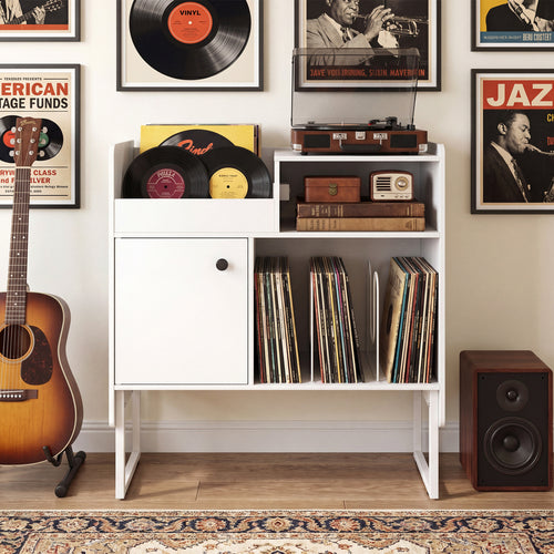Record Player Stand with Outlets, Vinyl Storage for 250 Albums, White