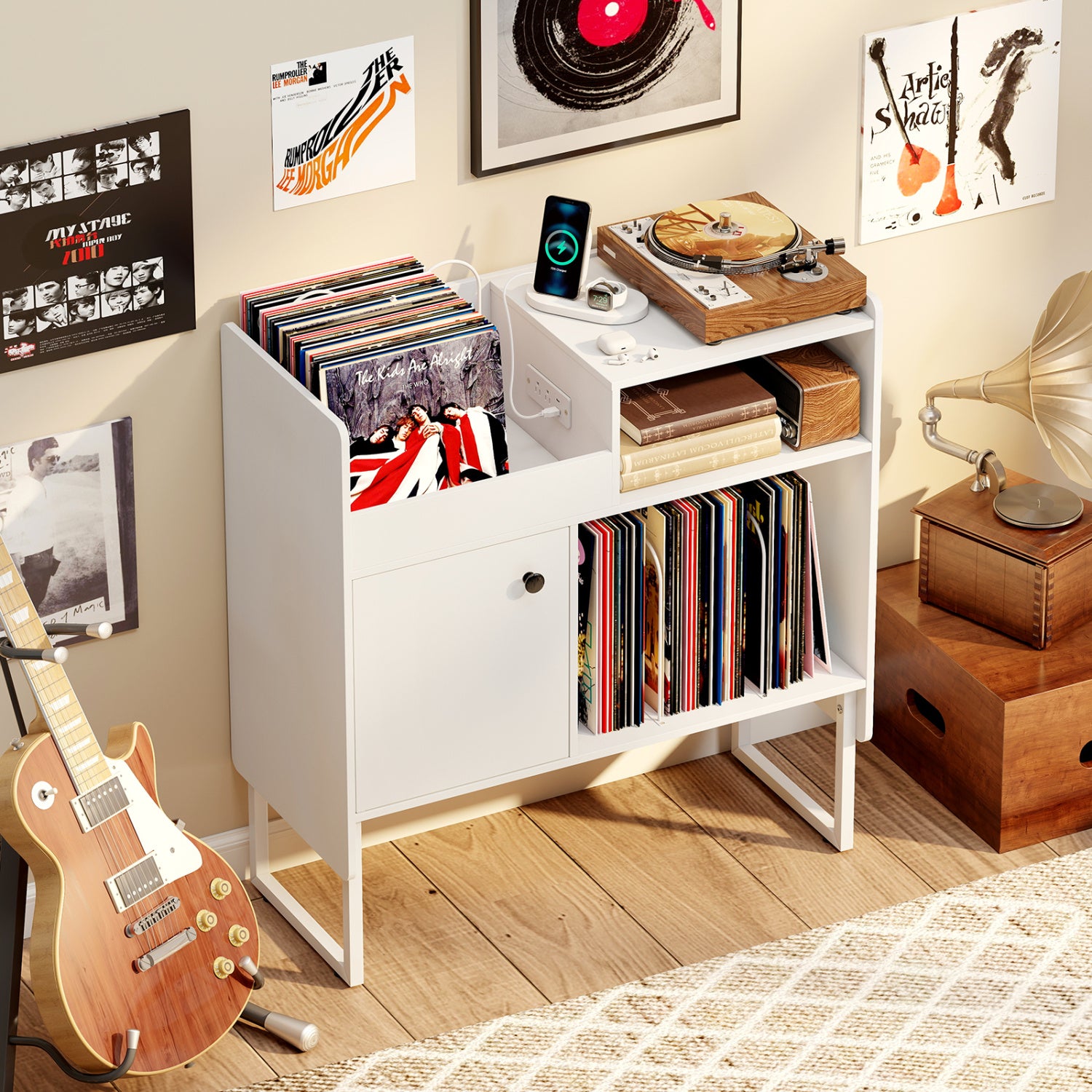 Record Player Stand with Outlets, Vinyl Storage for 250 Albums, White End & Side Tables at Gallery Canada