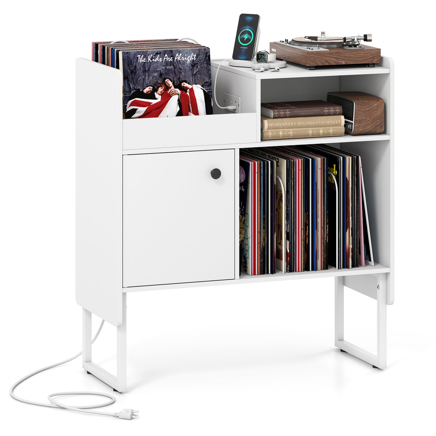 Record Player Stand with Outlets, Vinyl Storage for 250 Albums, White End & Side Tables at Gallery Canada
