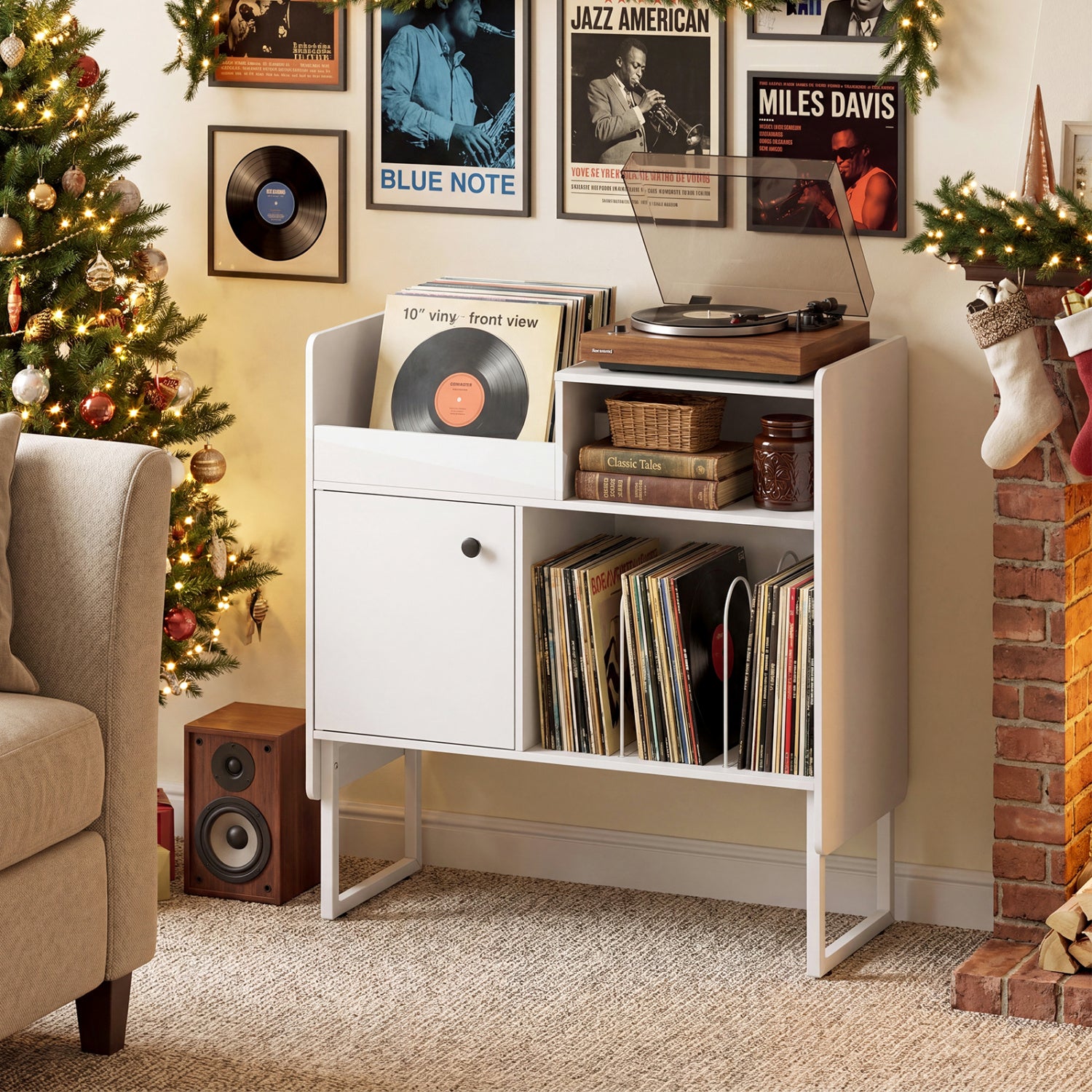 Record Player Stand with Outlets, Vinyl Storage for 250 Albums, White End & Side Tables at Gallery Canada
