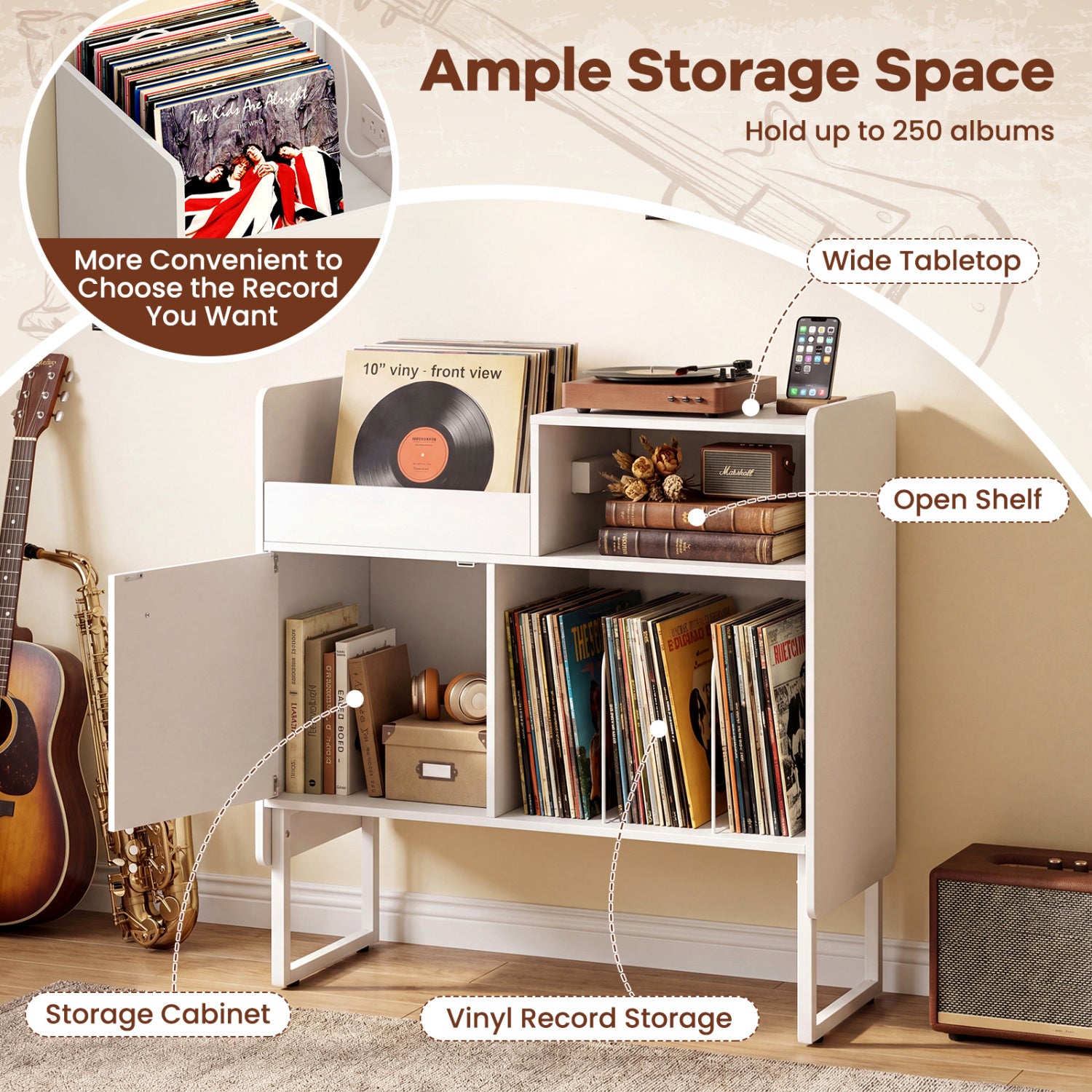 Record Player Stand with Outlets, Vinyl Storage for 250 Albums, White End & Side Tables at Gallery Canada