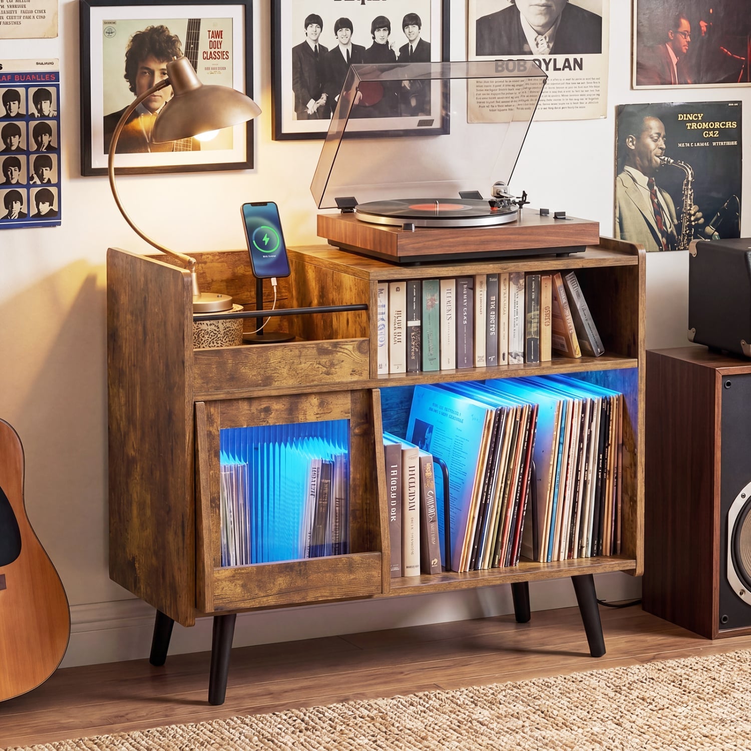 Record Player Stand with LED Light, Rustic Brown End & Side Tables at Gallery Canada