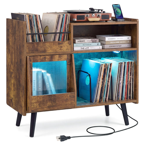 Record Player Stand with LED Light, Rustic Brown