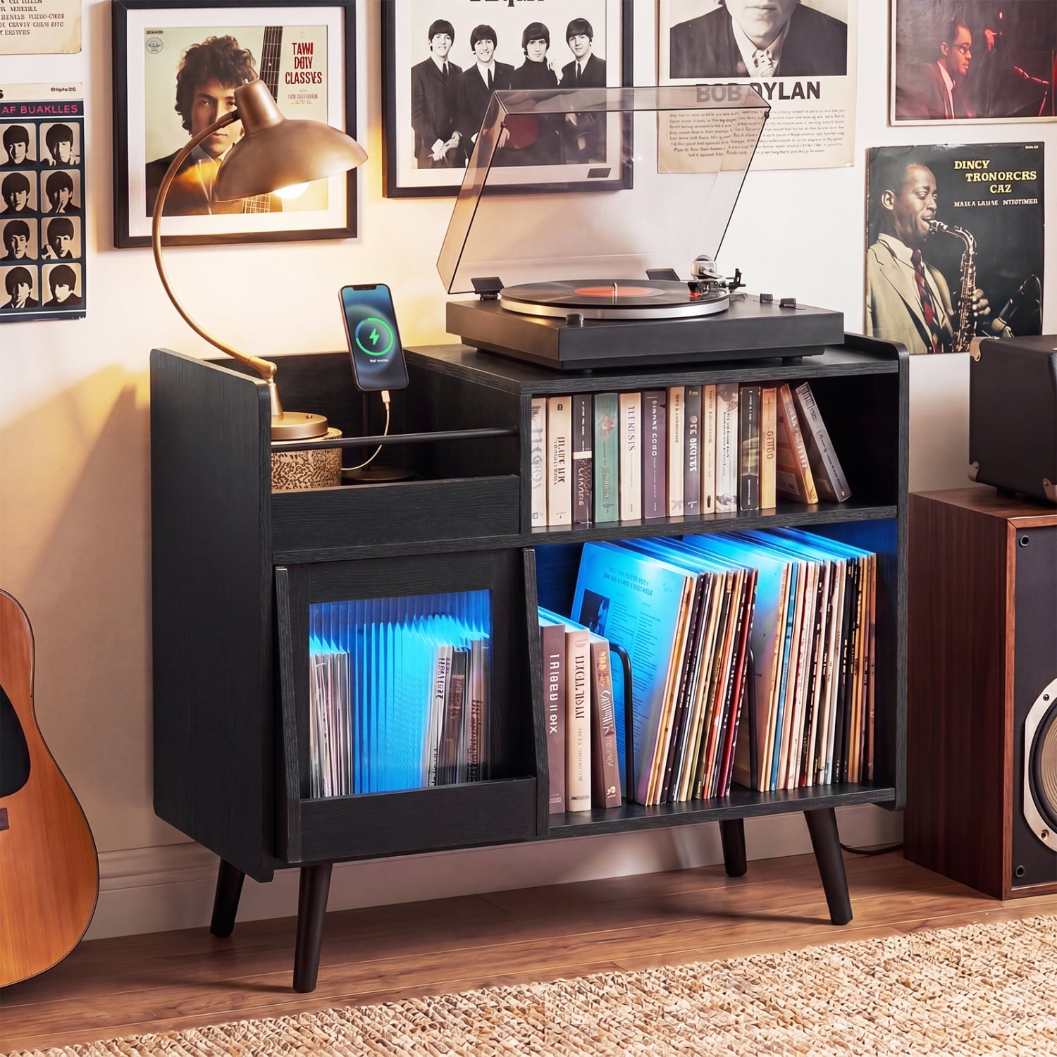 Record Player Stand, With LED Light & Outlets, Black End & Side Tables at Gallery Canada