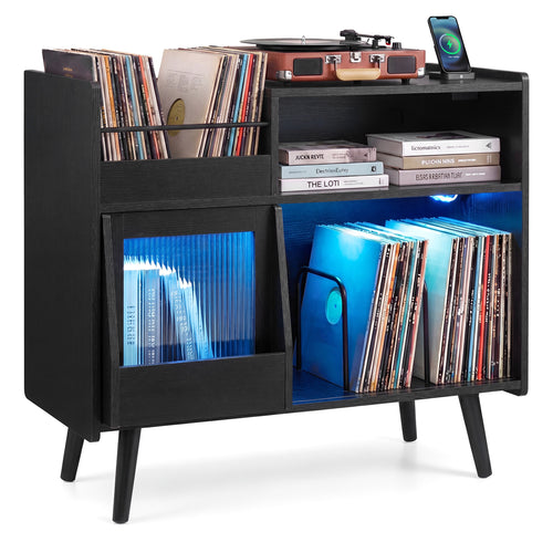 Record Player Stand, With LED Light & Outlets, Black