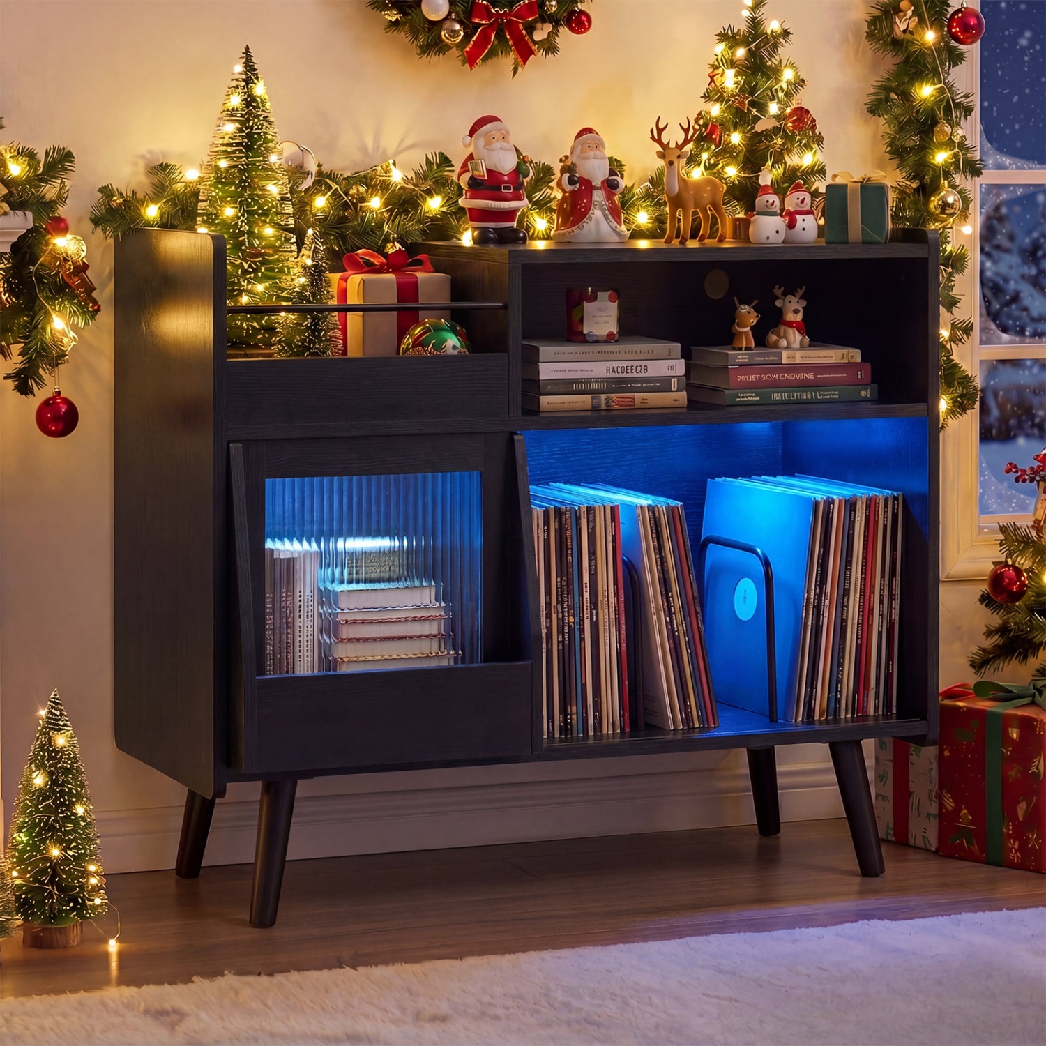 Record Player Stand, With LED Light & Outlets, Black End & Side Tables at Gallery Canada