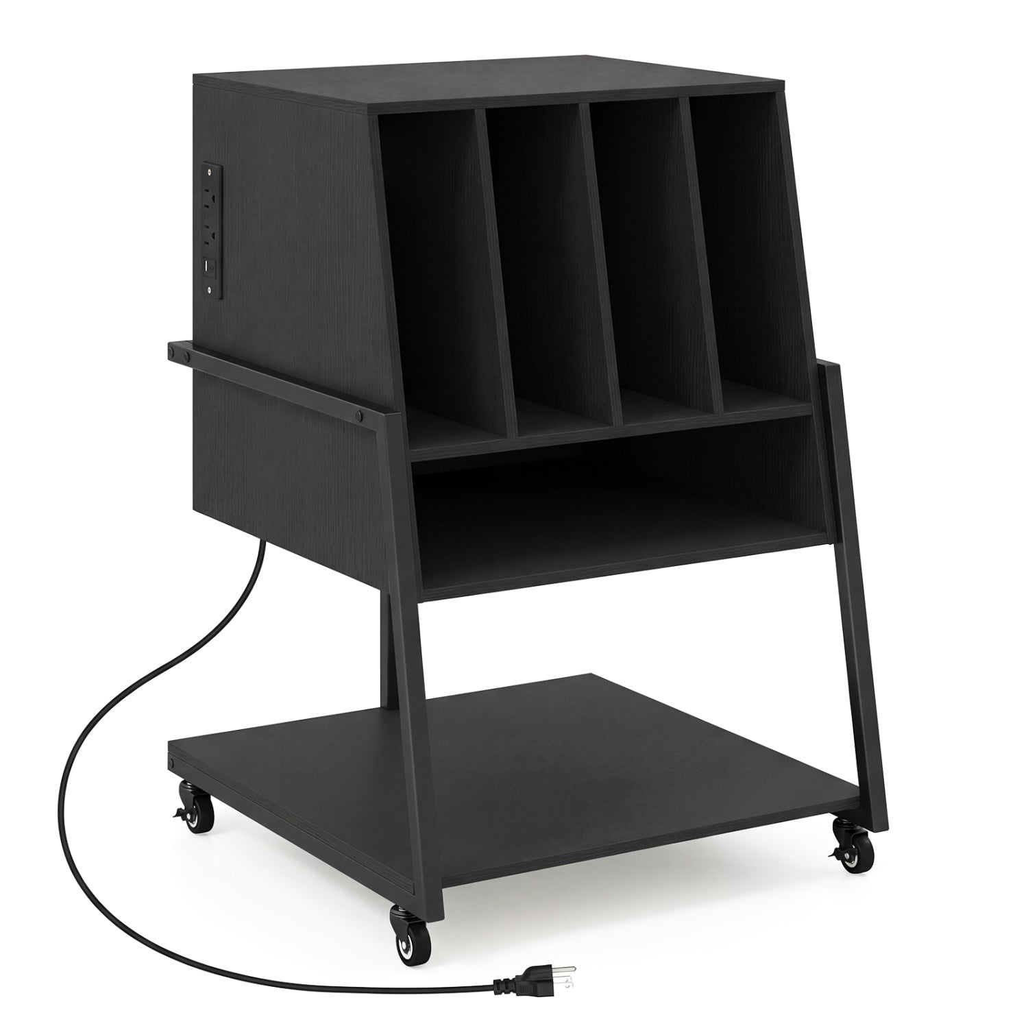 Rolling Record Player Stand with Power Outlets, Black End & Side Tables Black at Gallery Canada