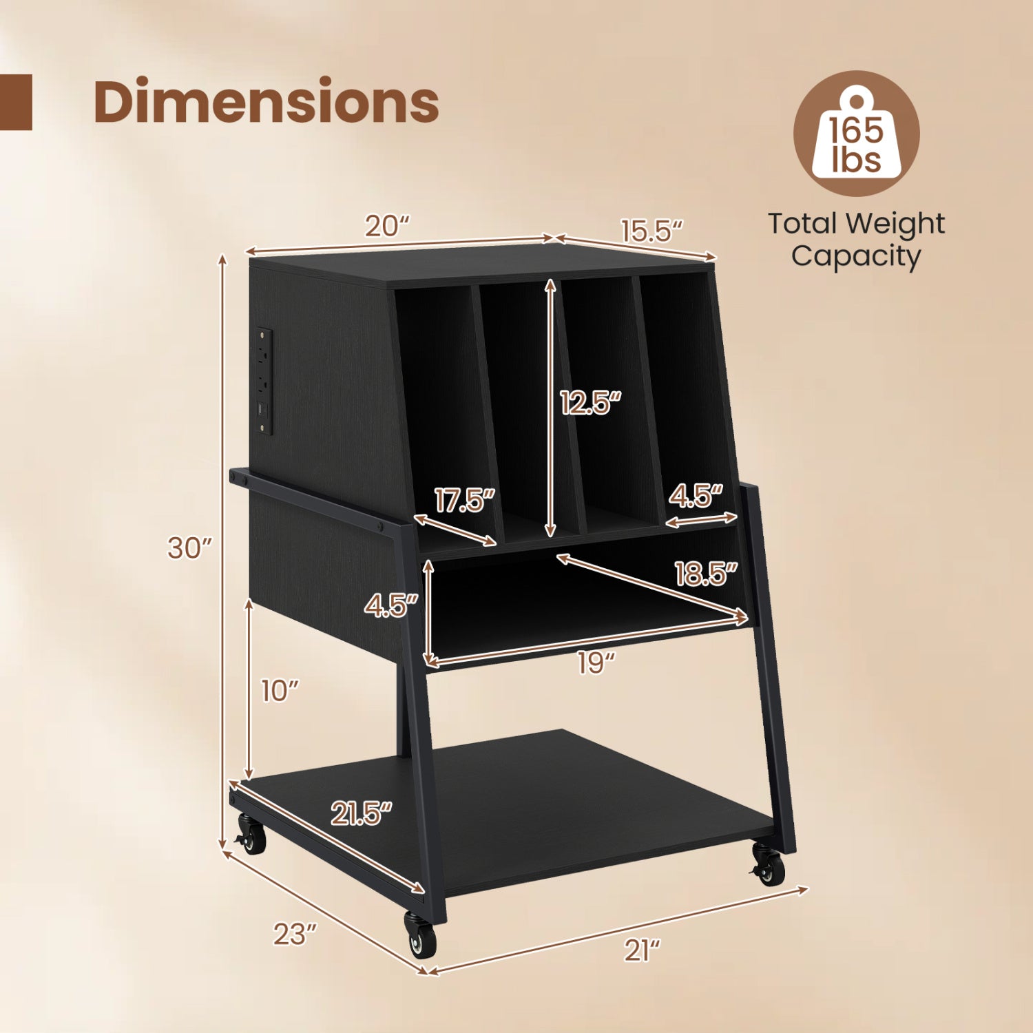 Rolling Record Player Stand with Power Outlets, Black End & Side Tables at Gallery Canada