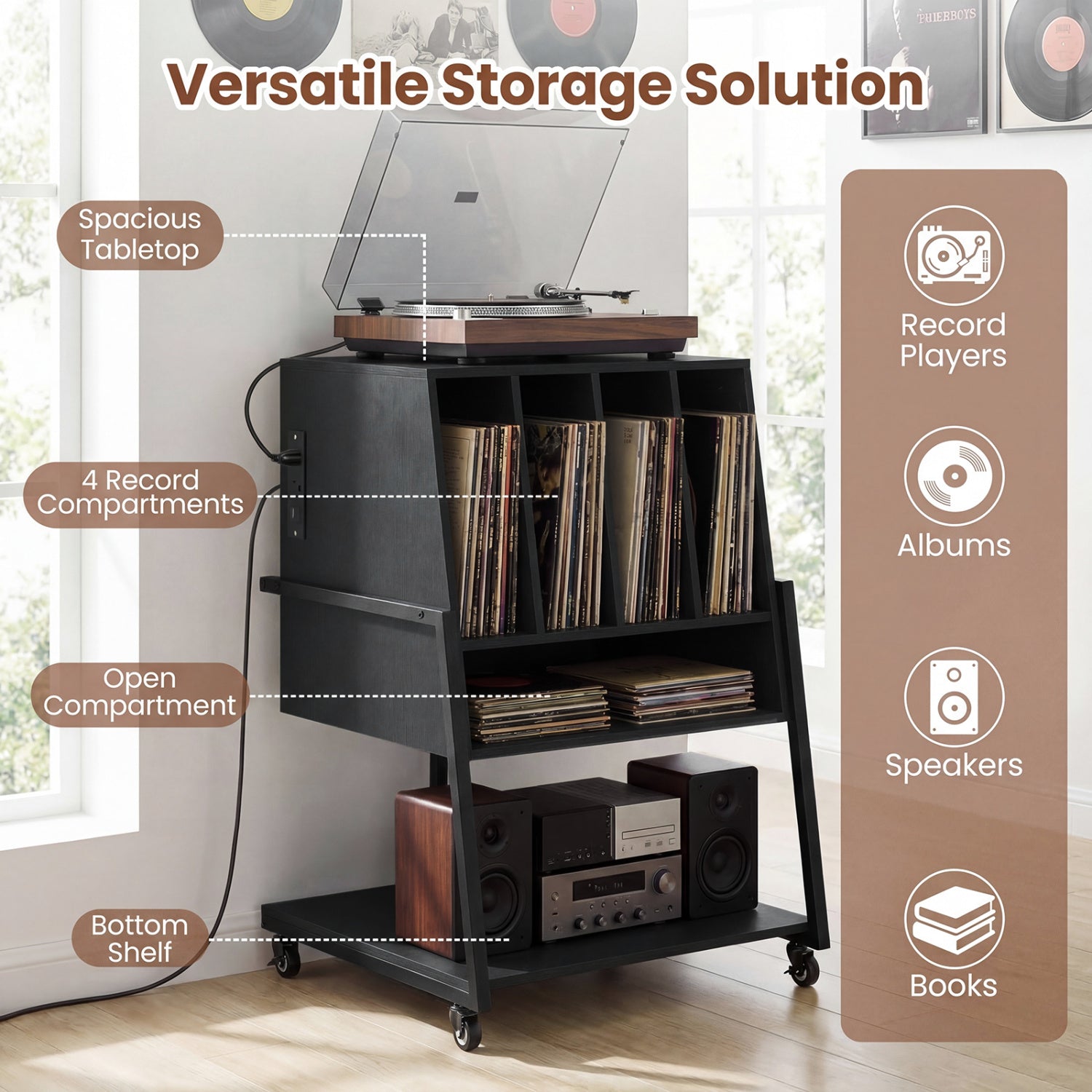 Rolling Record Player Stand with Power Outlets, Black End & Side Tables at Gallery Canada