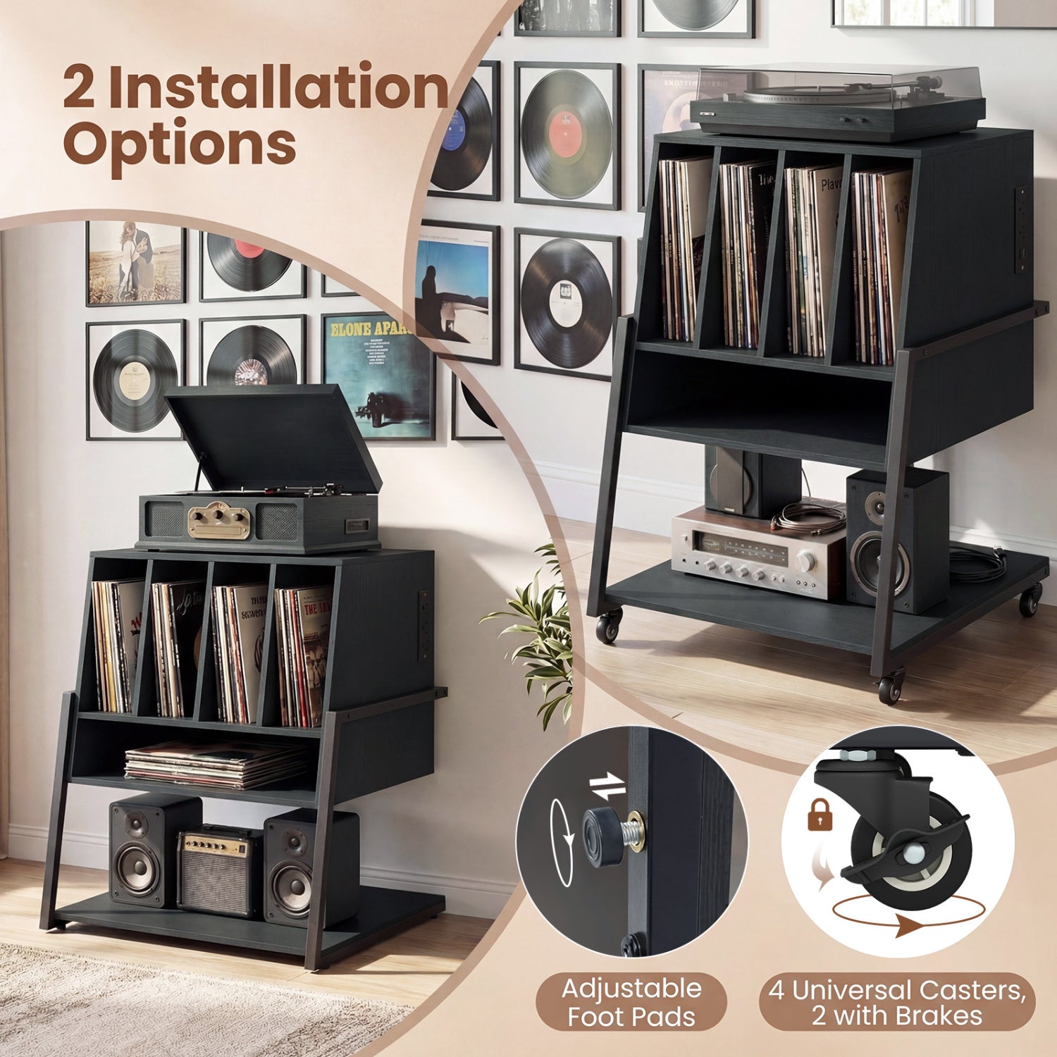 Rolling Record Player Stand with Power Outlets, Black End & Side Tables at Gallery Canada