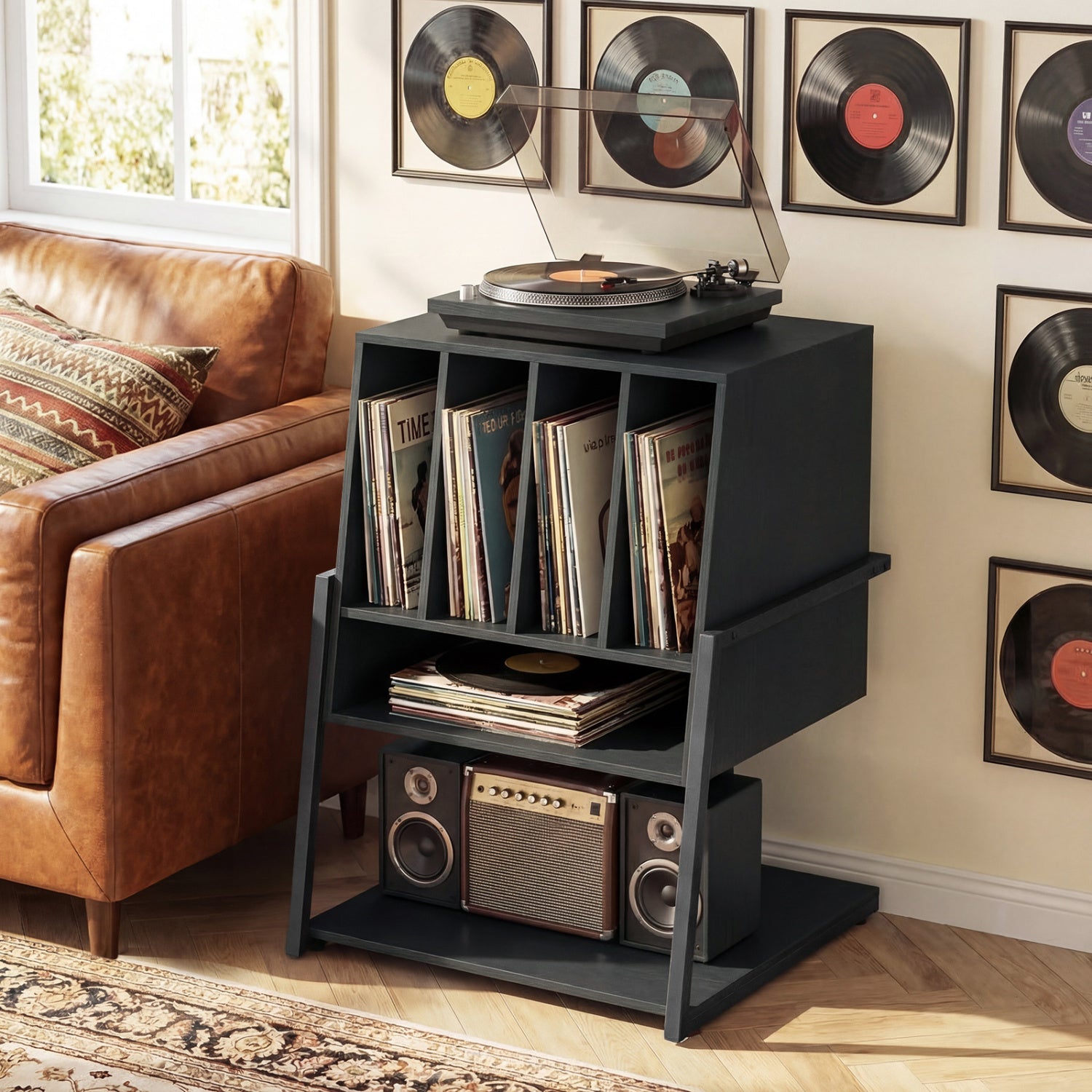Rolling Record Player Stand with Power Outlets, Black End & Side Tables at Gallery Canada