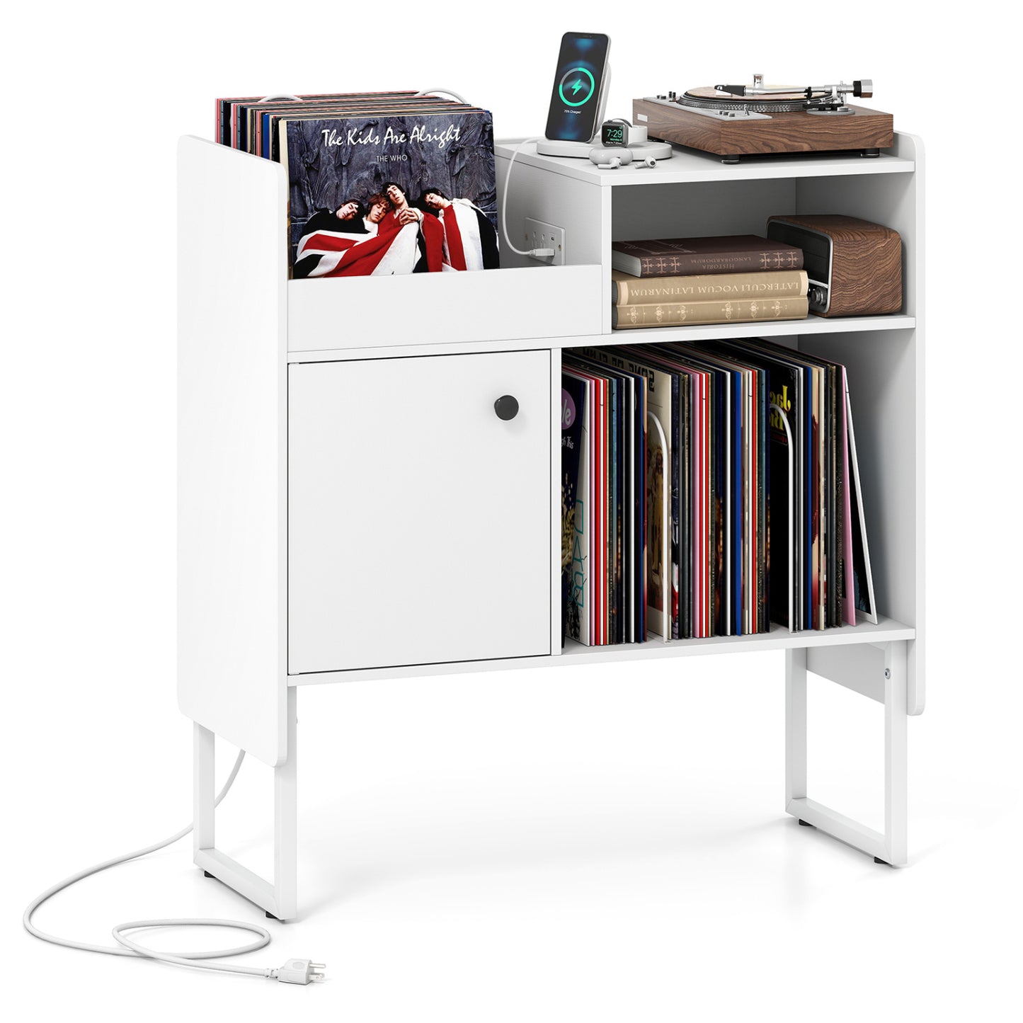Record Player Stand with Outlets, Vinyl Storage for 250 Albums, White End & Side Tables at Gallery Canada