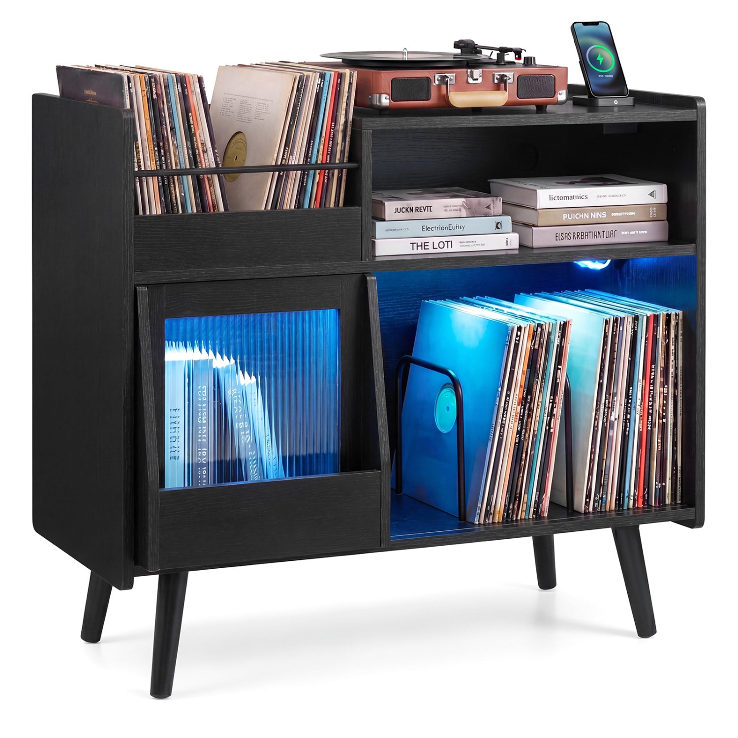 Record Player Stand, With LED Light & Outlets, Black End & Side Tables at Gallery Canada
