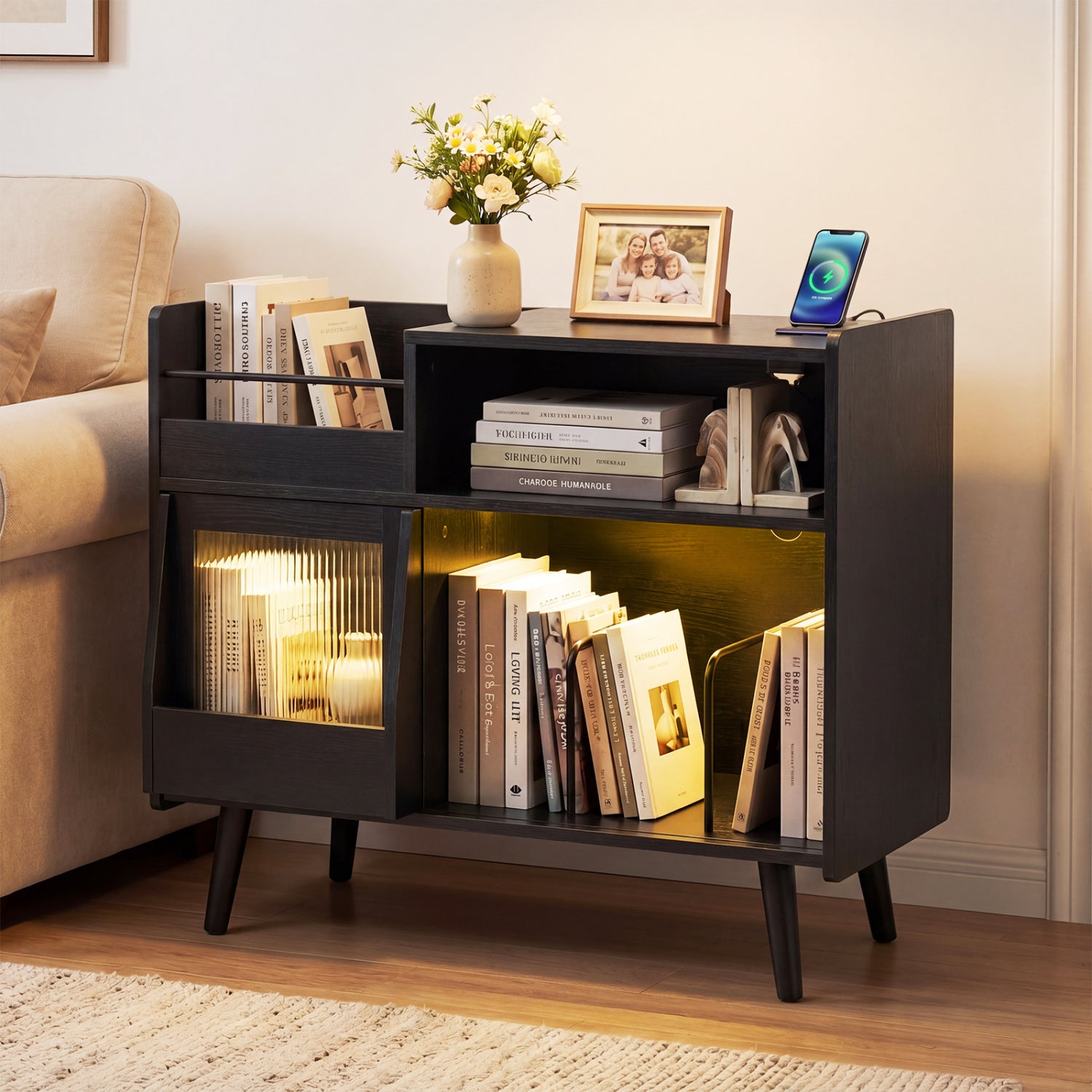Record Player Stand, With LED Light & Outlets, Black End & Side Tables at Gallery Canada