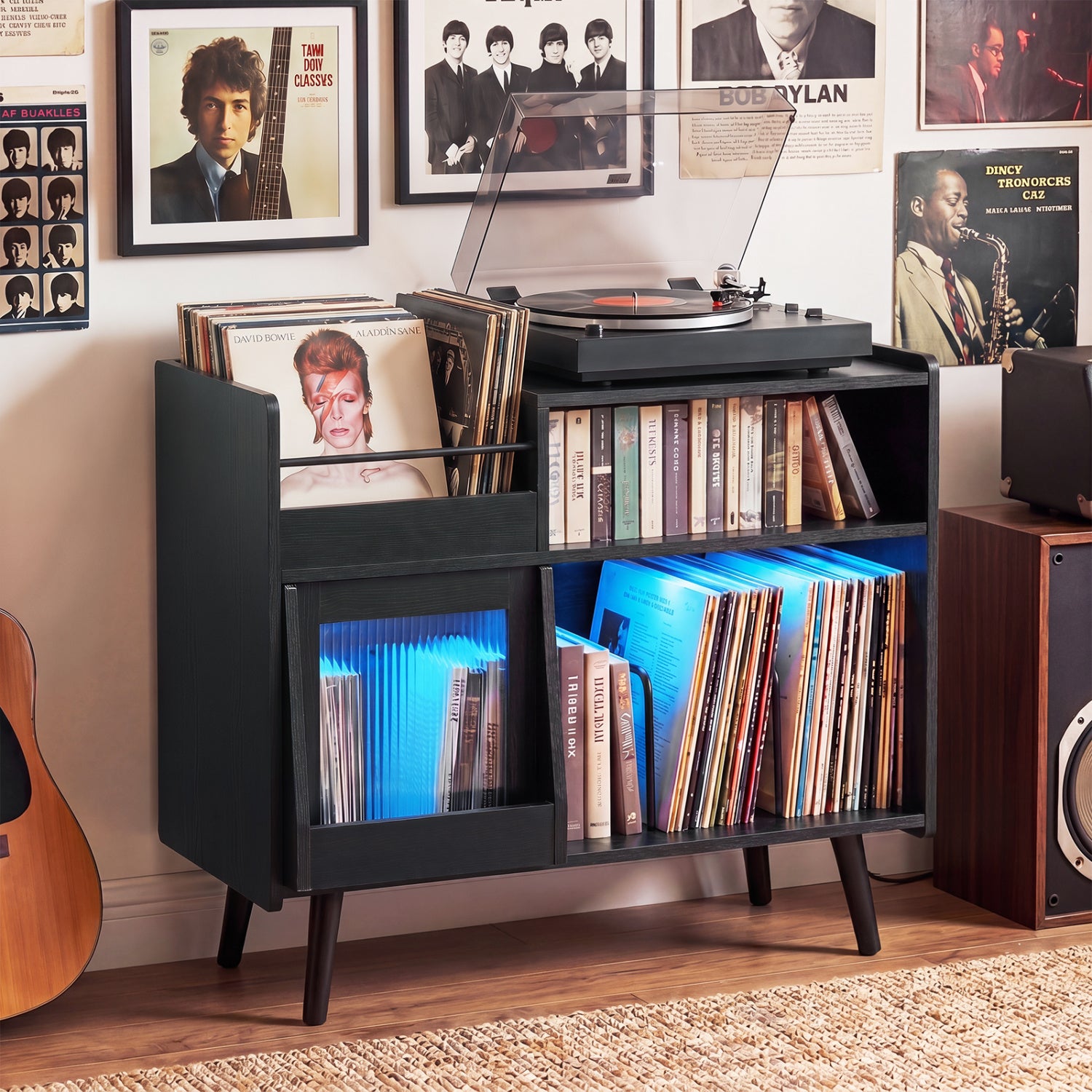 Record Player Stand, With LED Light & Outlets, Black End & Side Tables at Gallery Canada