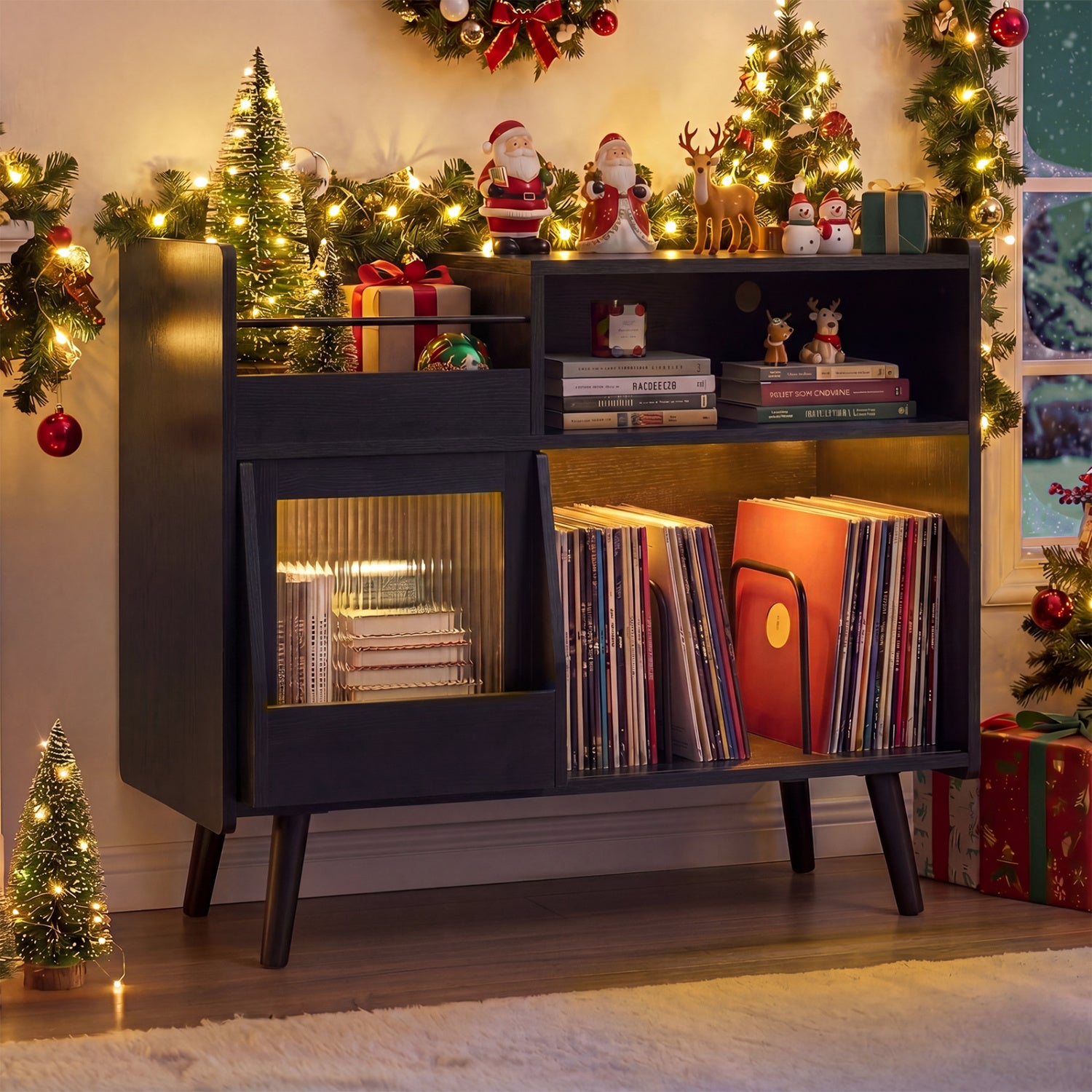 Record Player Stand, With LED Light & Outlets, Black End & Side Tables at Gallery Canada