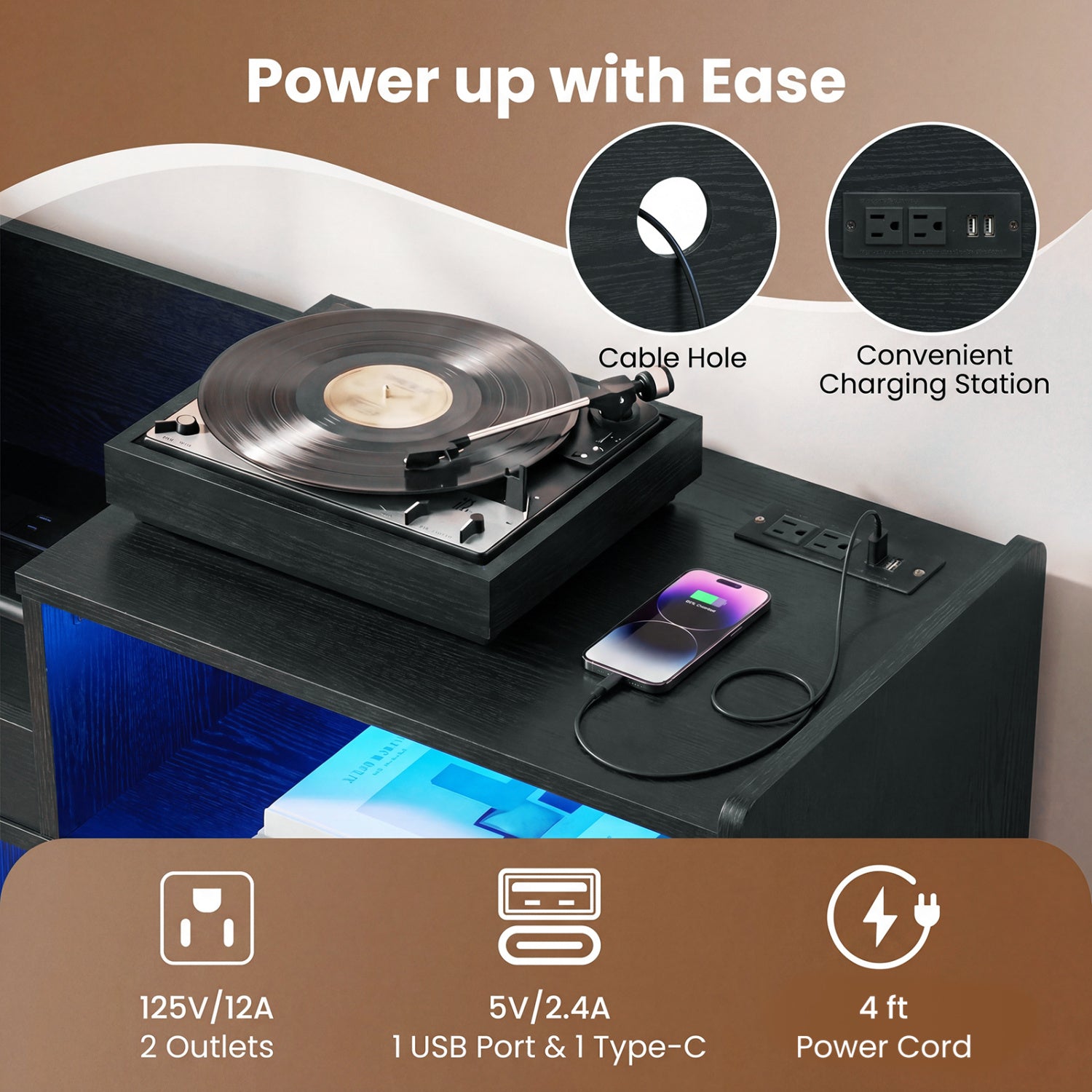 Record Player Stand, With LED Light & Outlets, Black End & Side Tables at Gallery Canada