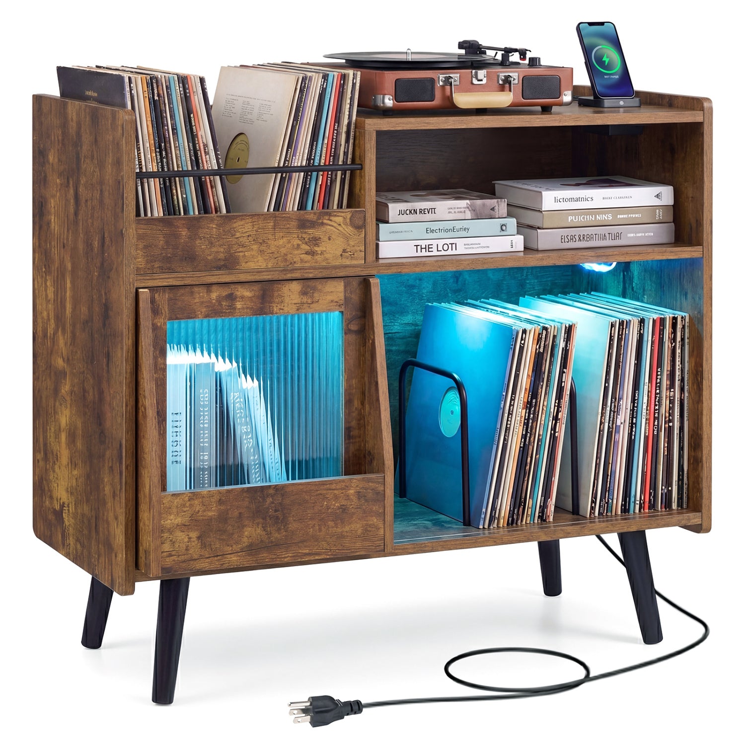 Record Player Stand with LED Light, Rustic Brown End & Side Tables at Gallery Canada