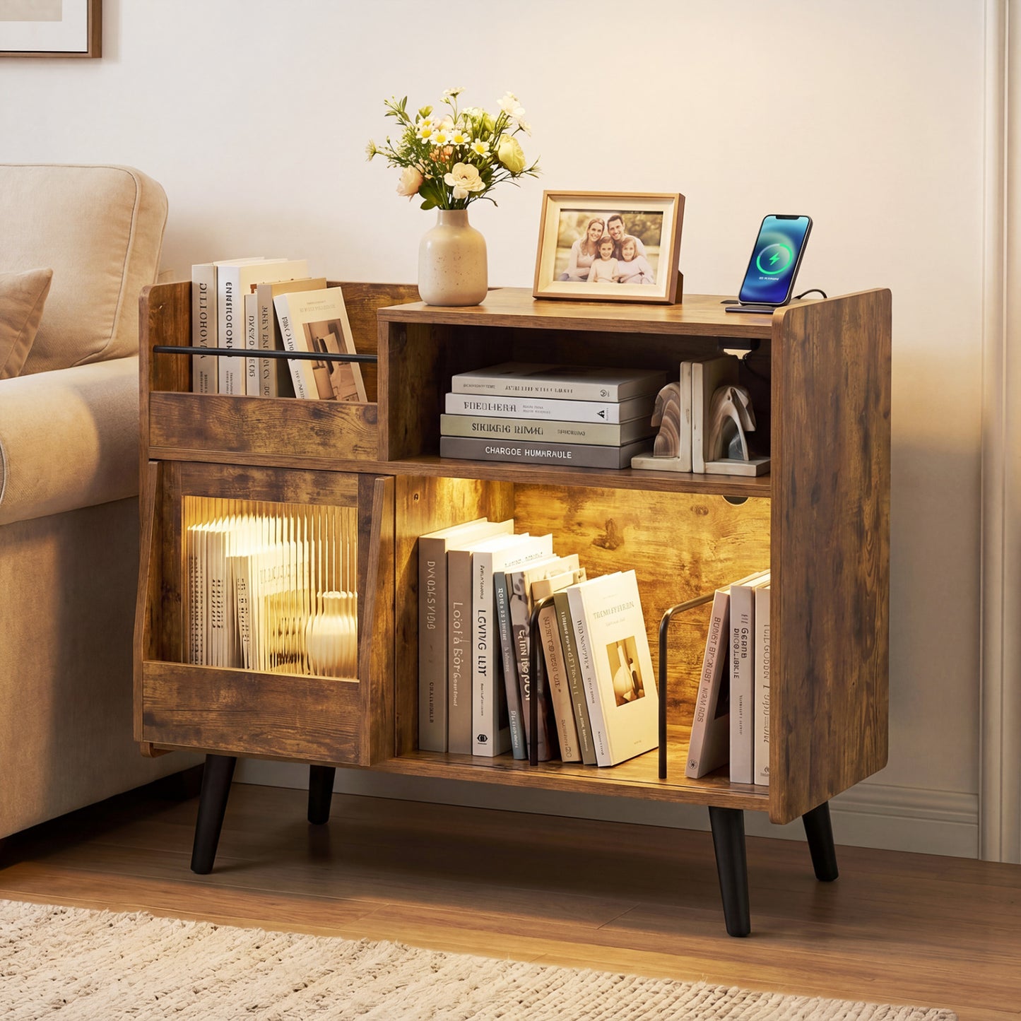 Record Player Stand with LED Light, Rustic Brown End & Side Tables at Gallery Canada
