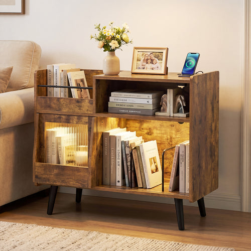 Record Player Stand with LED Light, Rustic Brown