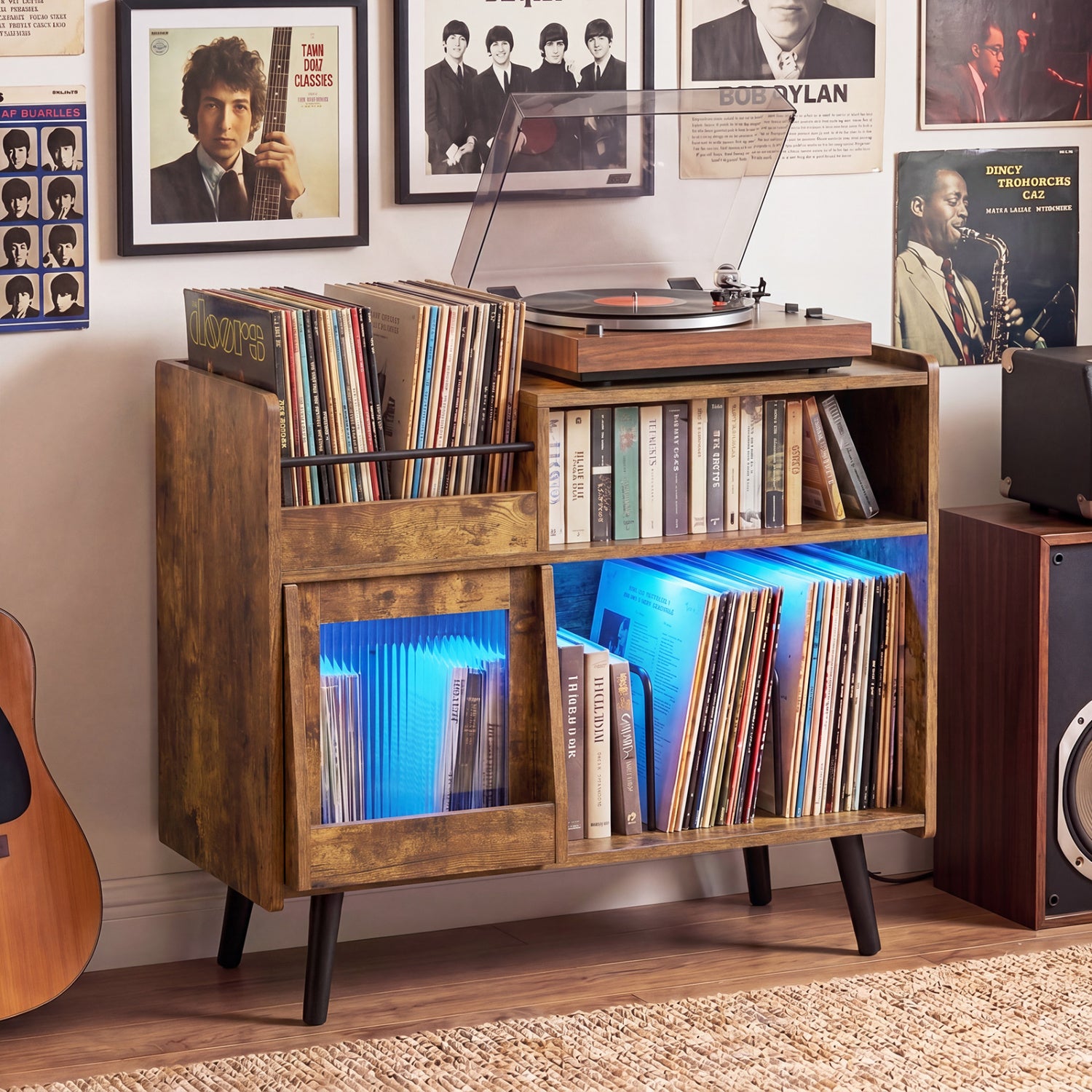 Record Player Stand with LED Light, Rustic Brown End & Side Tables at Gallery Canada