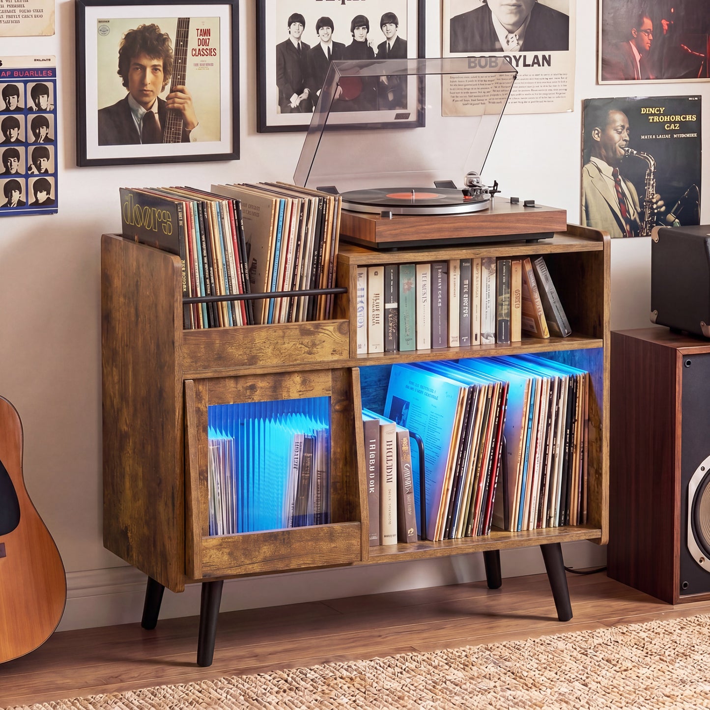 Record Player Stand with LED Light, Rustic Brown End & Side Tables at Gallery Canada