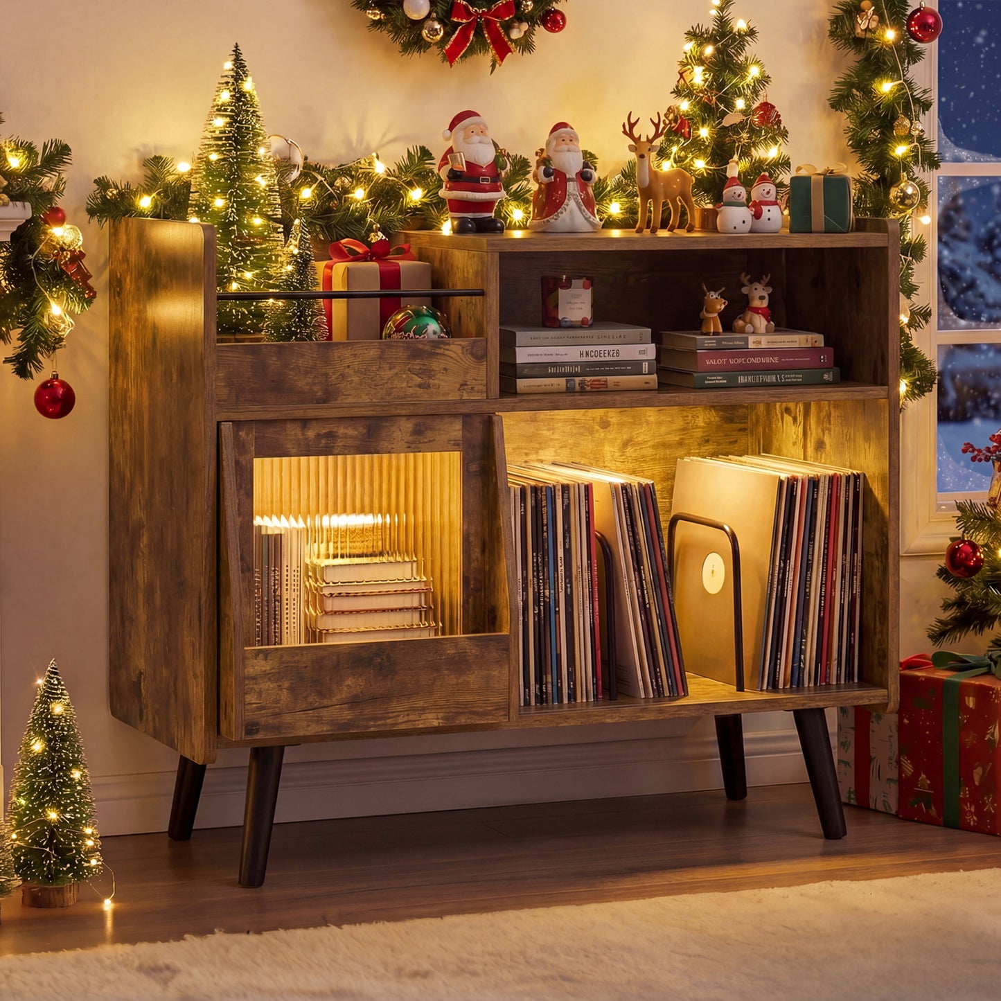 Record Player Stand with LED Light, Rustic Brown End & Side Tables at Gallery Canada