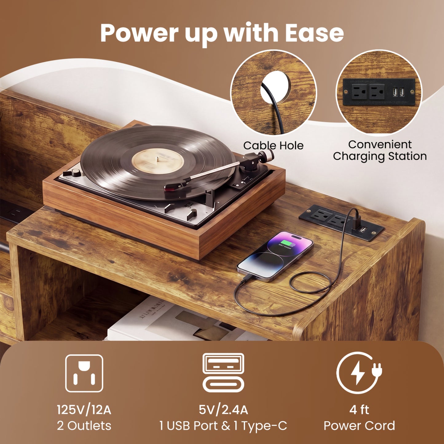 Record Player Stand with LED Light, Rustic Brown End & Side Tables at Gallery Canada